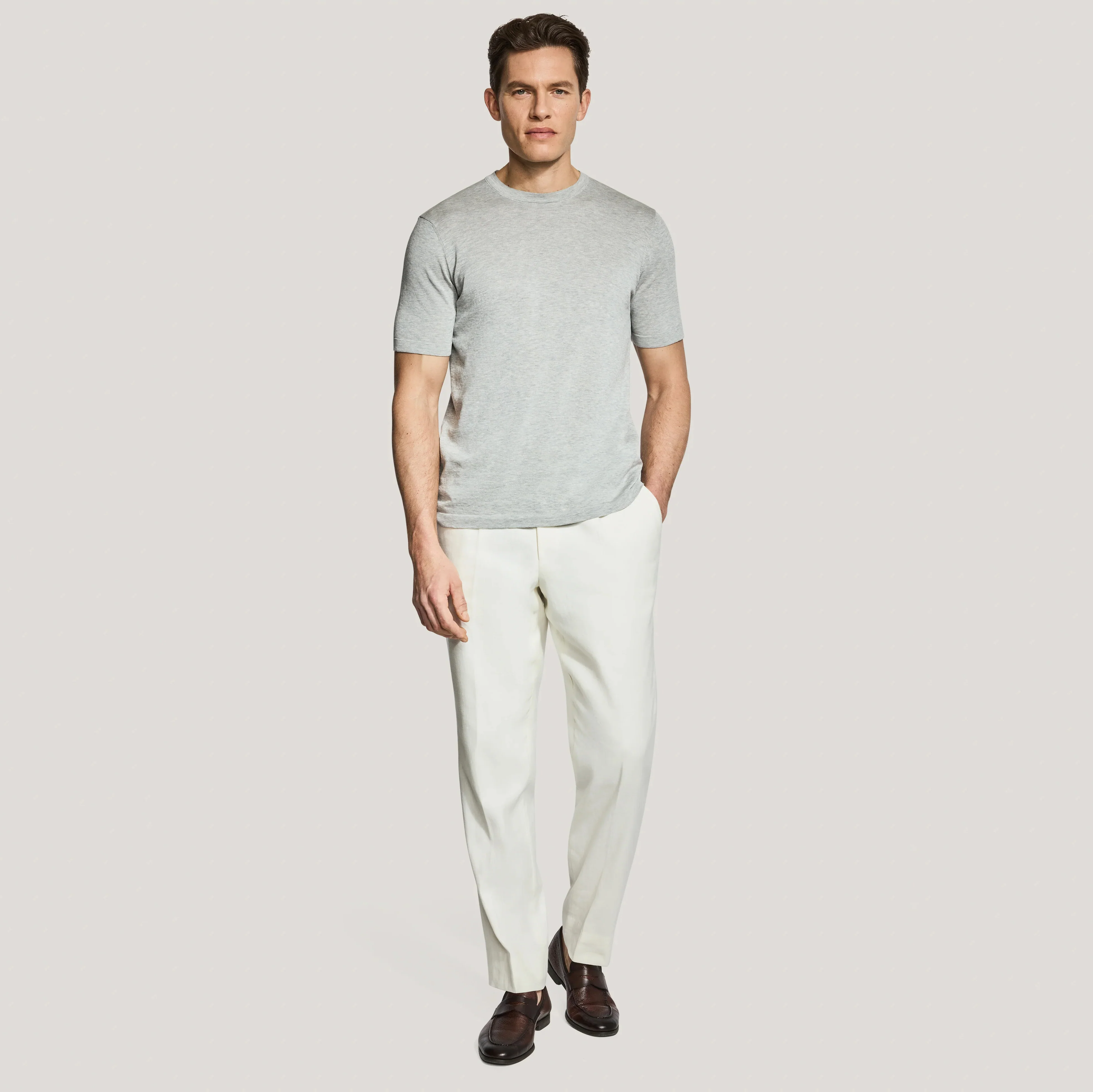 Light Gray Cotton Silk Knit Short Sleeve Wellington Crewneck - Jack Victor - Image 4