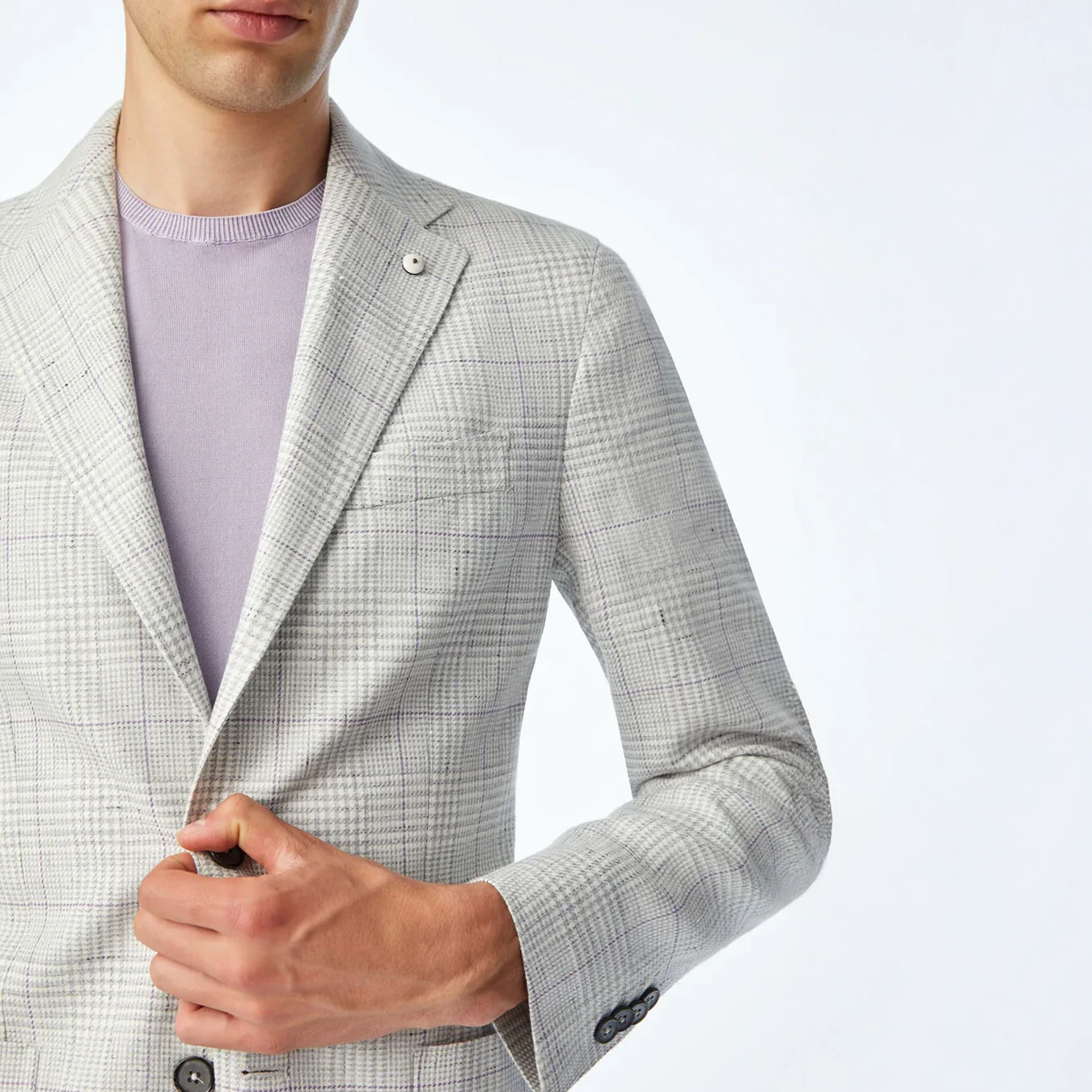 Light Gray Prince of Wales Linen-Cotton Contemporary Fit Sport Jacket - L.B.M 1911 - Image 3