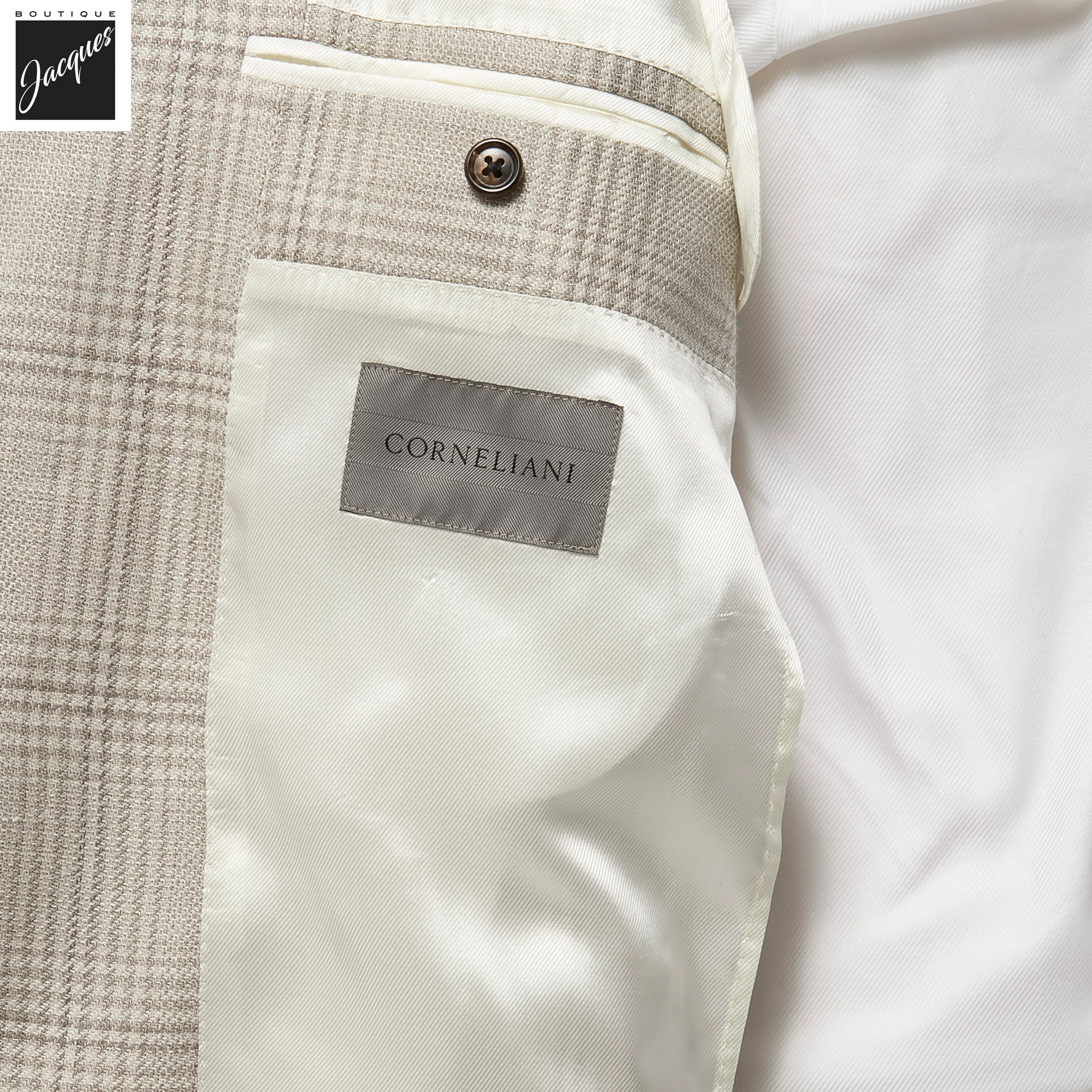 Light Taupe Check Wool-Silk-Linen Modern Fit Sport Coat - Corneliani - Image 4
