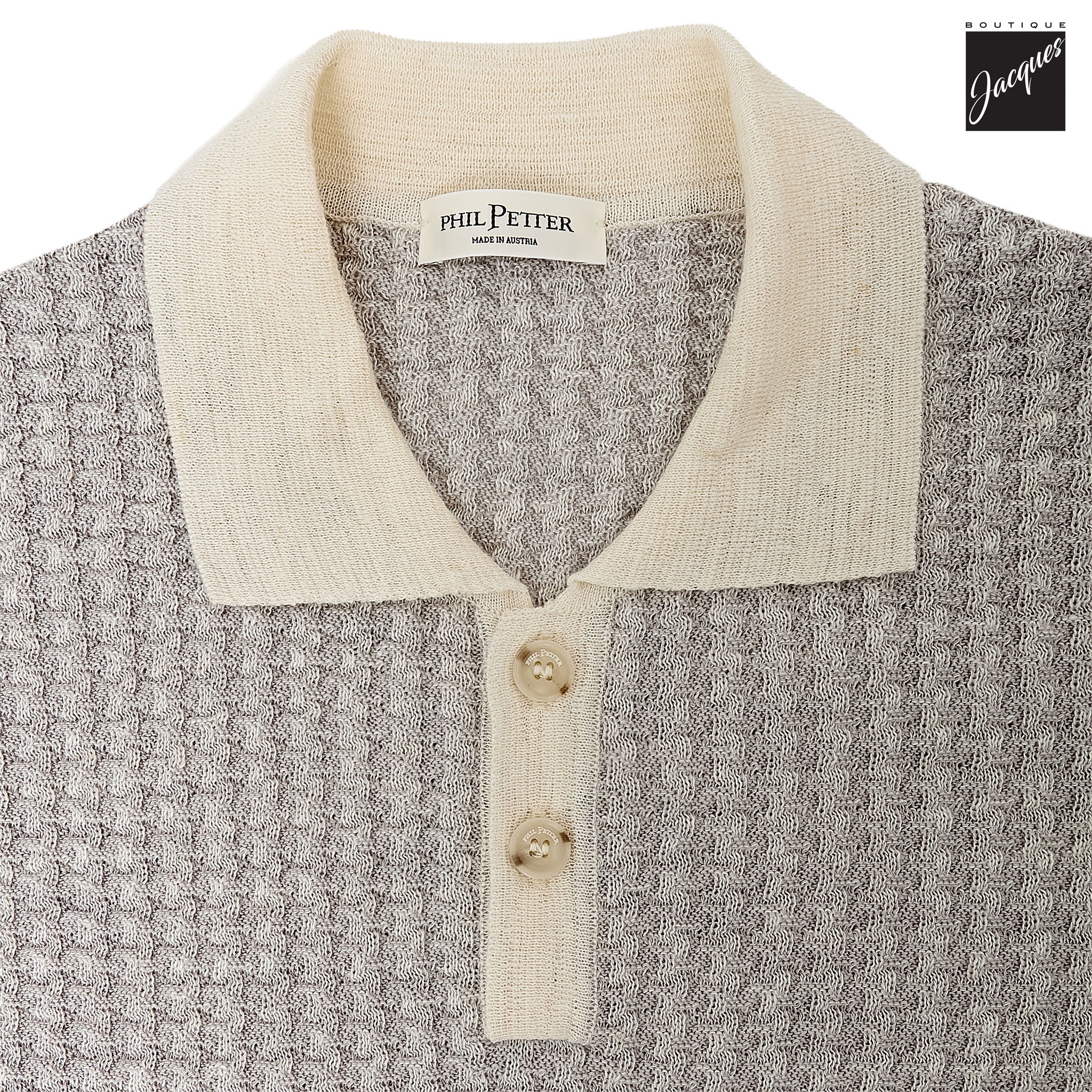 Mercury Gray Linen-Cotton Waffle Knit Polo with Contrast Trims - Phil Petter - Image 3