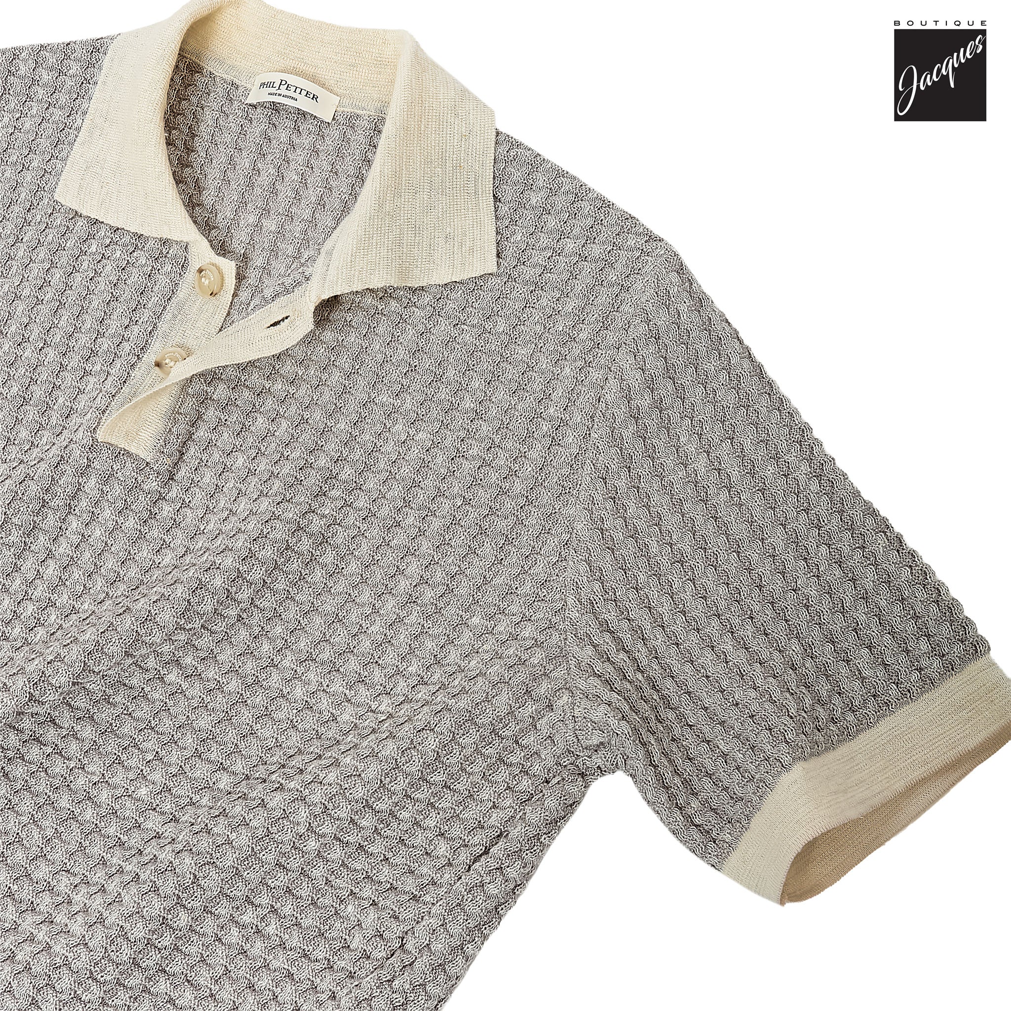 Mercury Gray Linen-Cotton Waffle Knit Polo with Contrast Trims - Phil Petter - Image 4