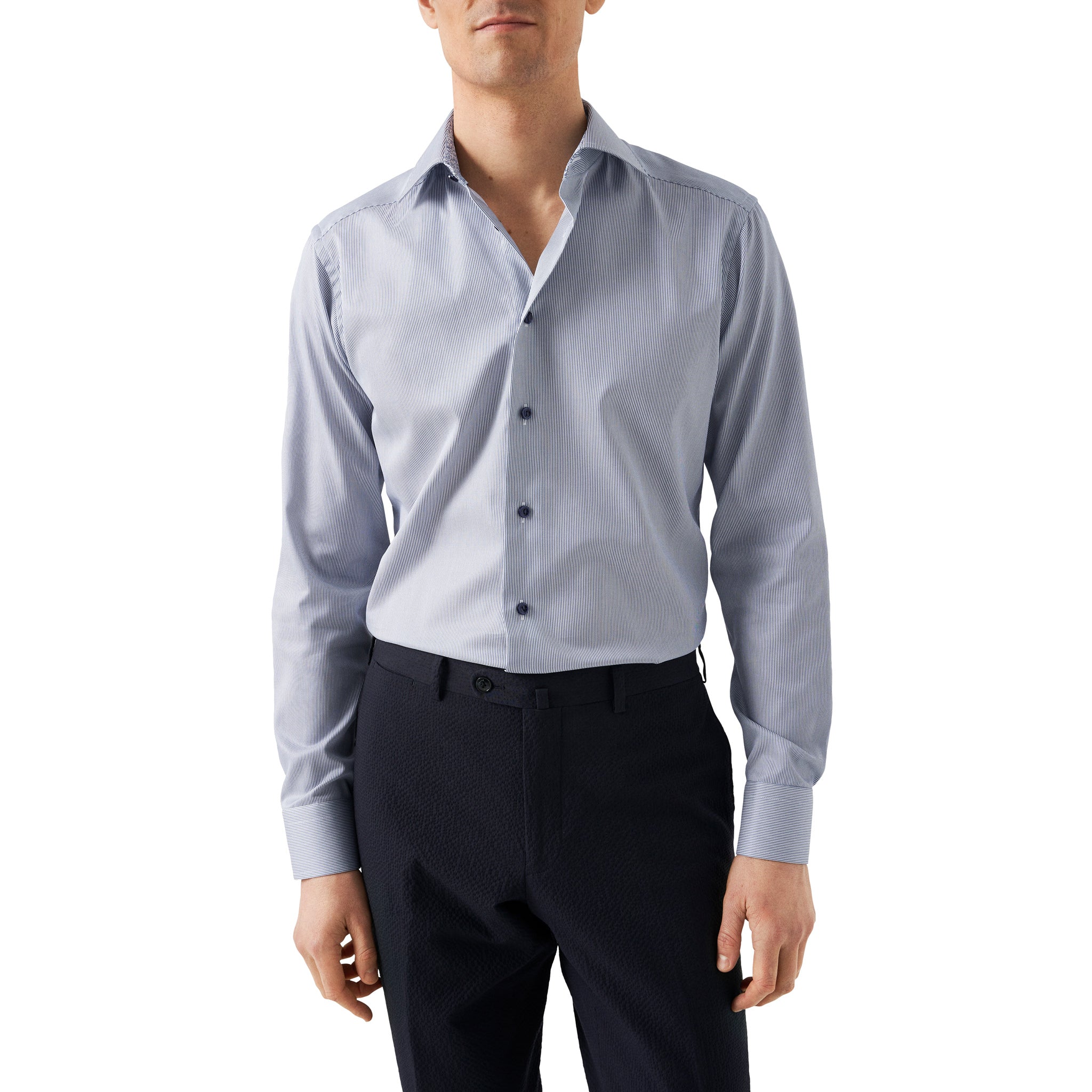 Mid Blue Fine Striped Floral Effect Signature Twill Slim Fit Shirt - ETON - Image 3