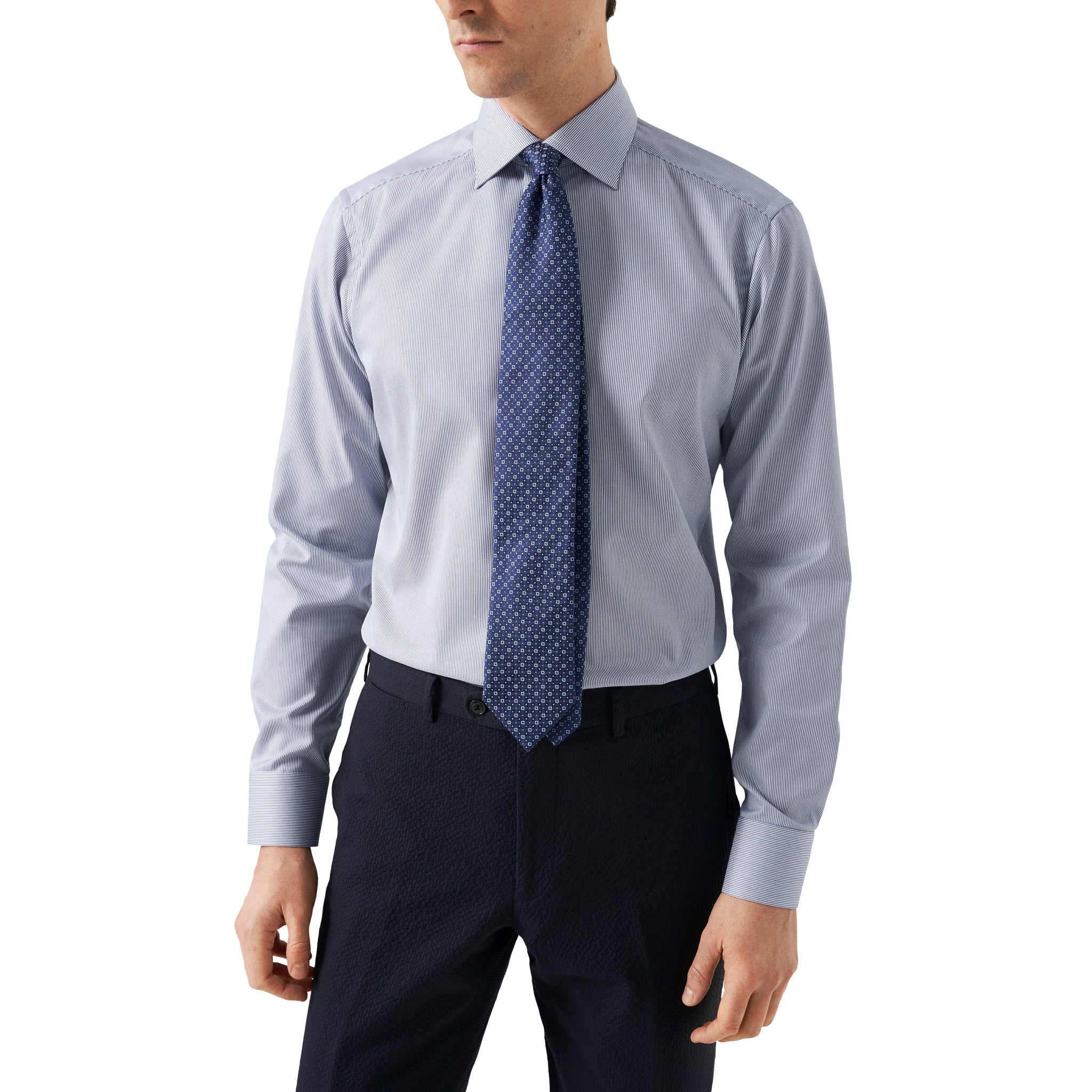 Mid Blue Fine Striped Floral Effect Signature Twill Slim Fit Shirt - ETON - Image 7