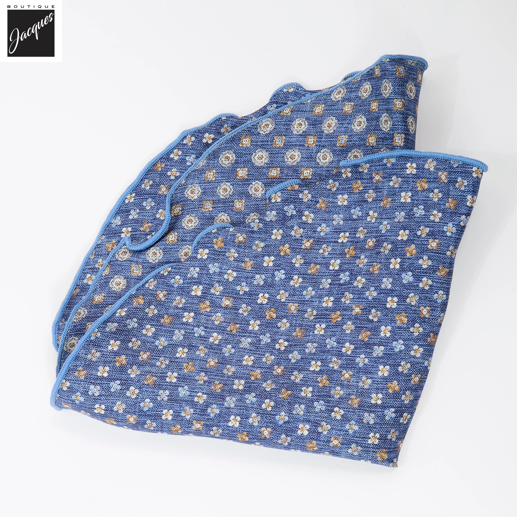 Mid Blue Mini Floral/Medallion Reversible Silk Pocket Round - DION