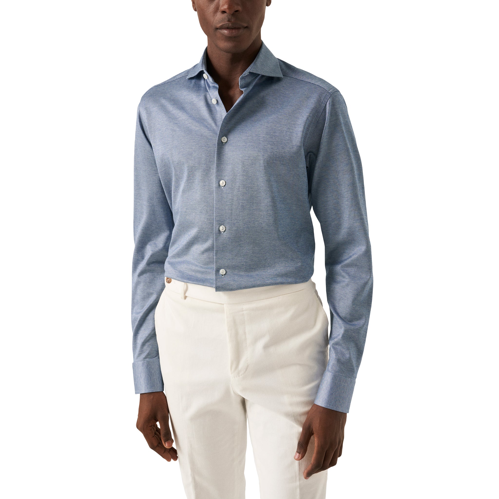 Mid Blue Solid Filo Di Scozia Knitted Piqué Slim Fit Shirt - ETON
