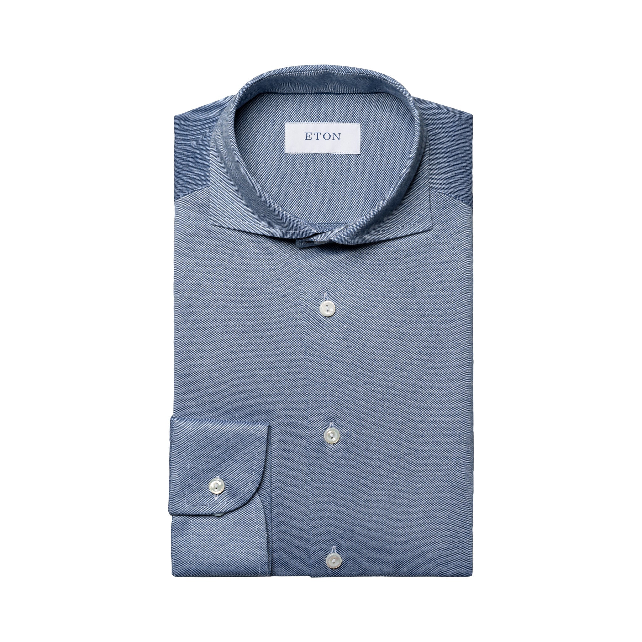 Mid Blue Solid Filo Di Scozia Knitted Piqué Slim Fit Shirt - ETON - Image 2