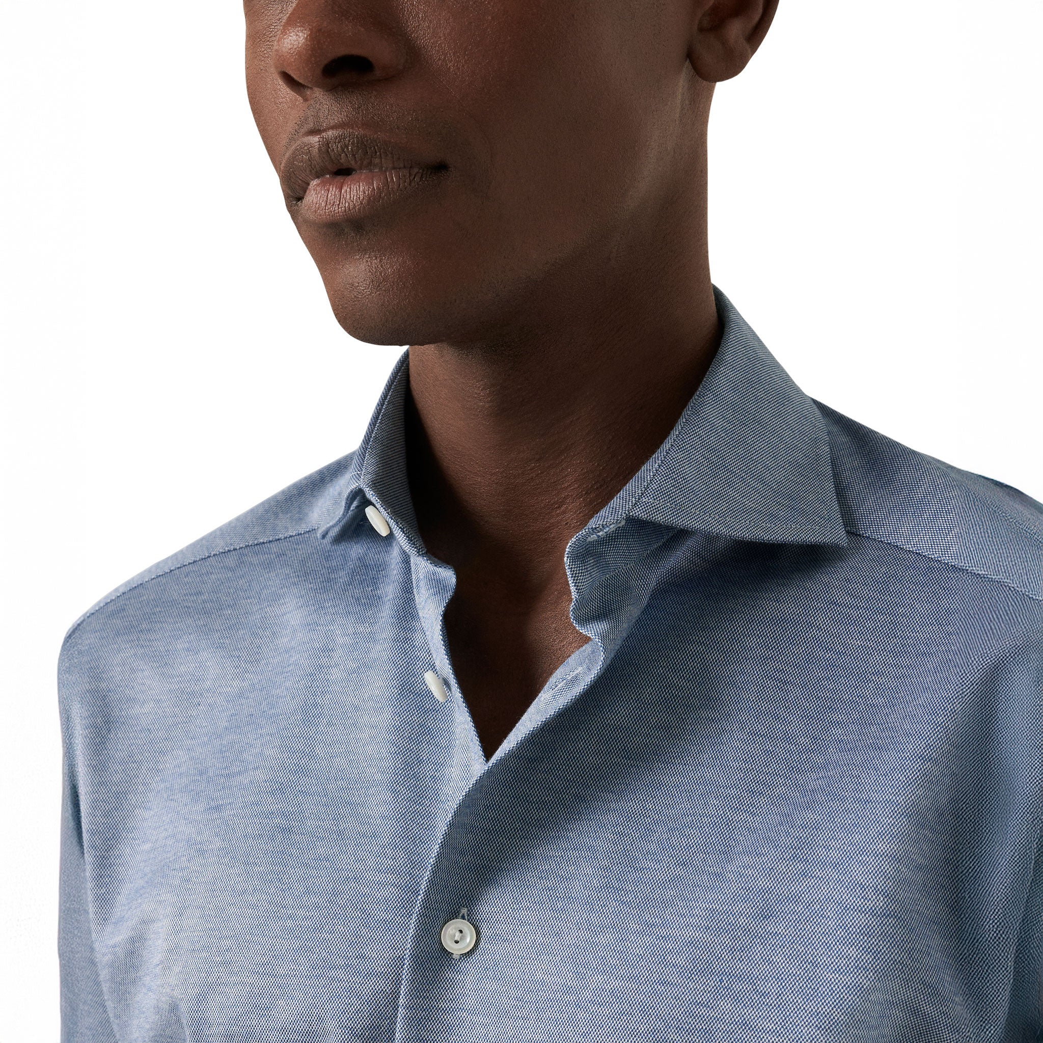 Mid Blue Solid Filo Di Scozia Knitted Piqué Slim Fit Shirt - ETON - Image 5