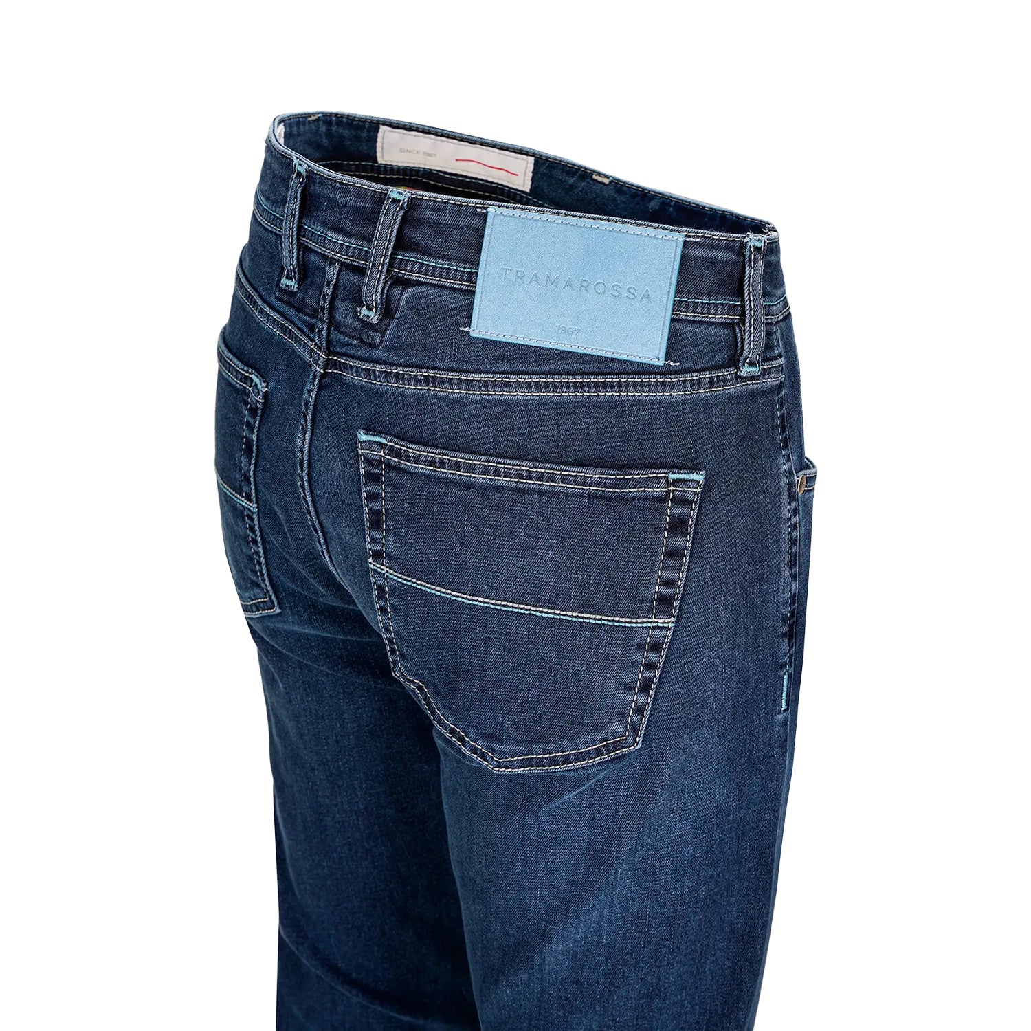 Mid Blue Wash Leonardo Slim Fit Super-Stretch Denim with Cyan Details - TRAMAROSSA - Image 3