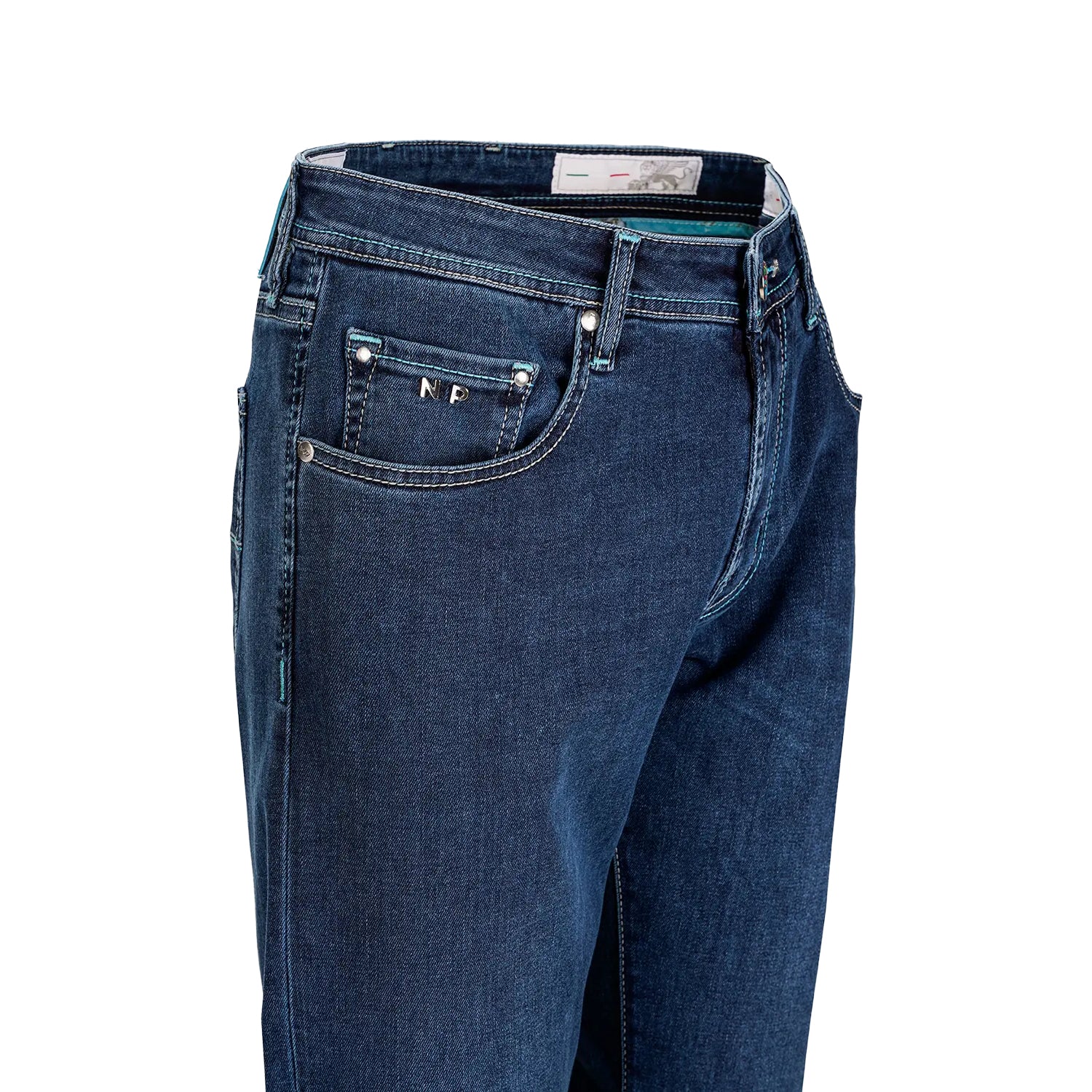 Mid Blue Wash Leonardo Slim Fit Super-Stretch Denim with Cyan Details - TRAMAROSSA - Image 4