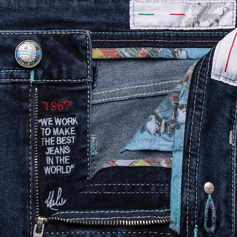 Mid Blue Wash Leonardo Slim Fit Super-Stretch Denim with Cyan Details - TRAMAROSSA - Image 5