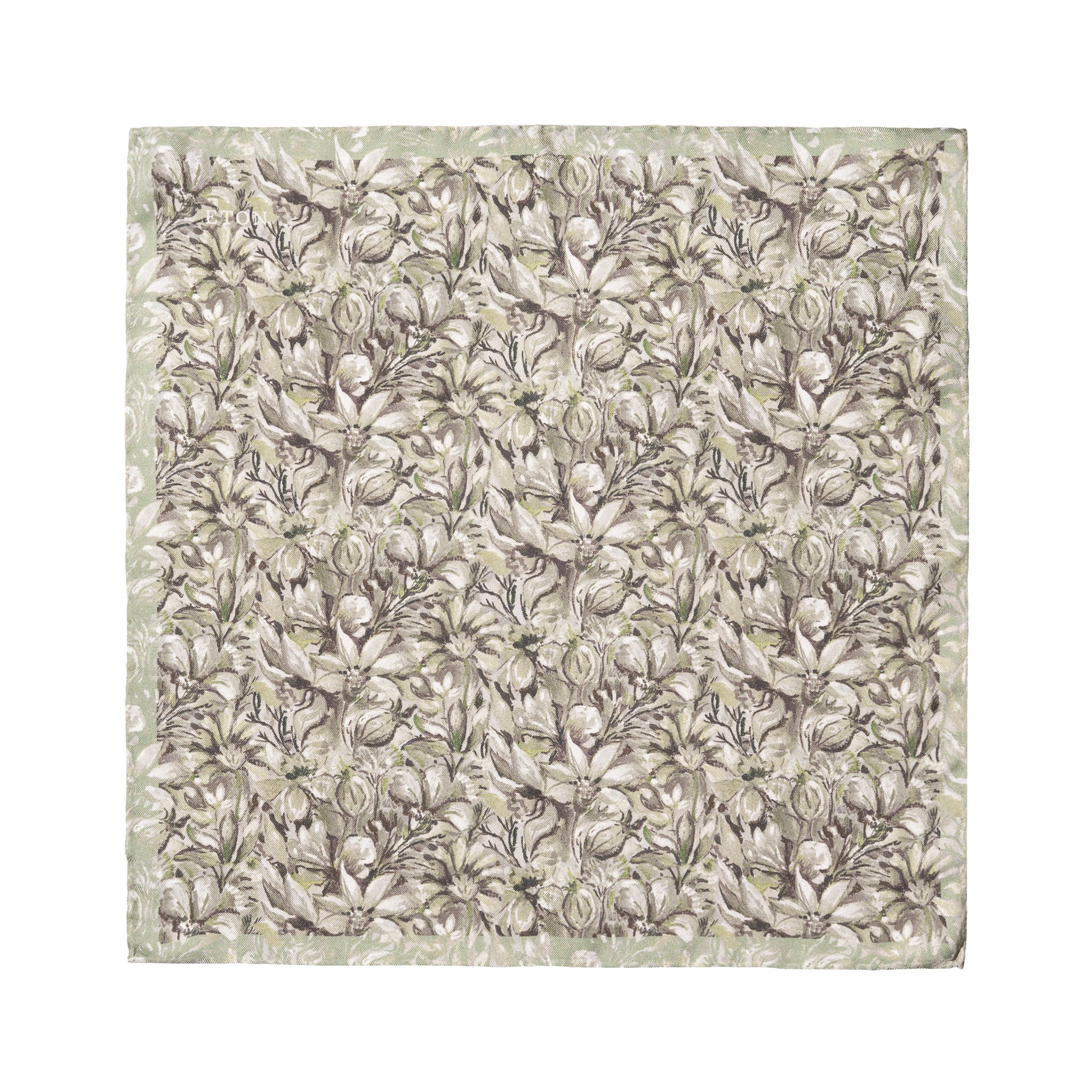 Mid Green Floral Twill Silk Pocket Square - ETON - Image 2