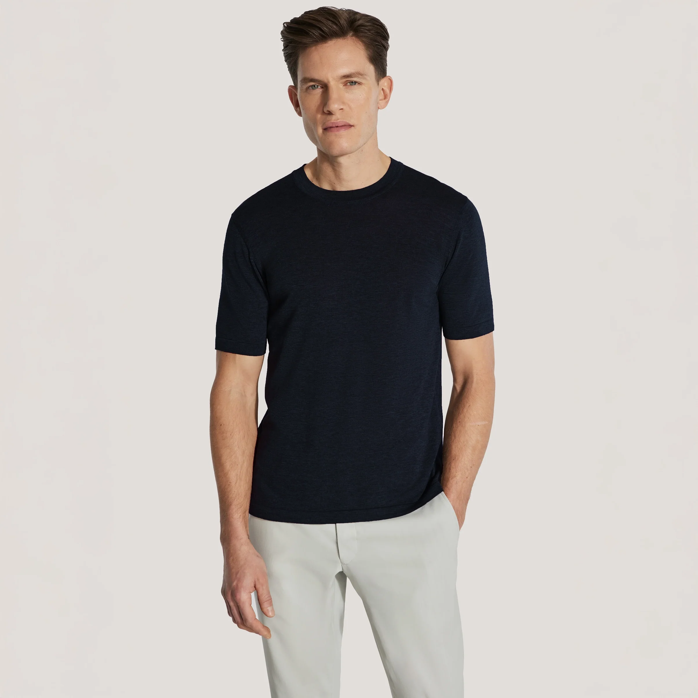 Midnight Cotton Silk Knit Short Sleeve Wellington Crewneck - Jack Victor