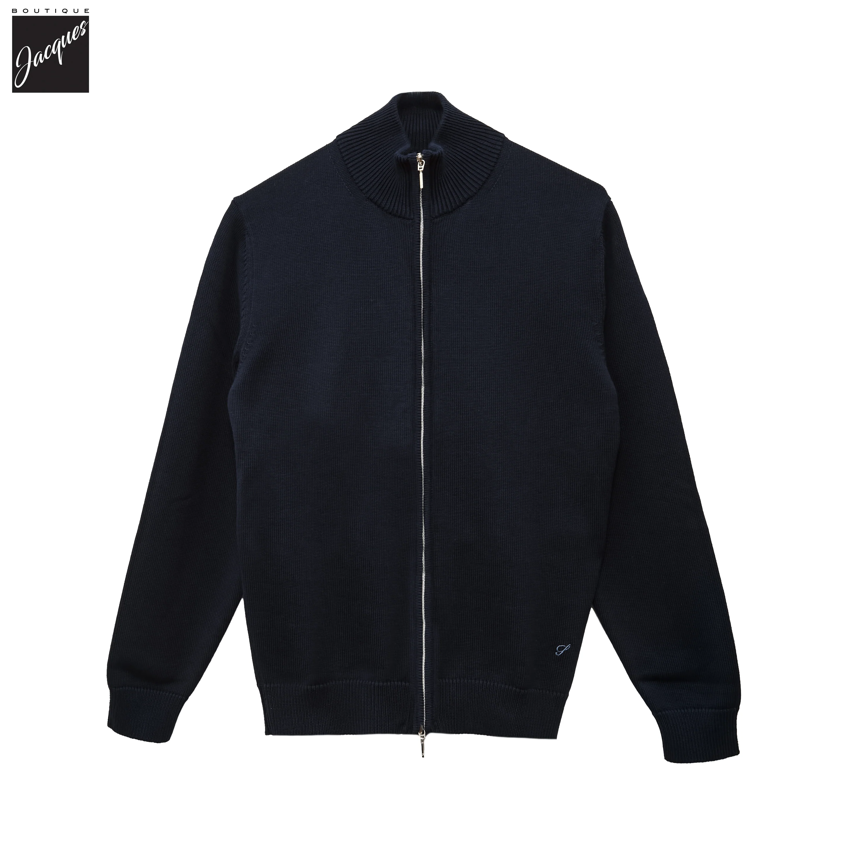 Navy Blue Cotton Full Zip Sweater with Baseball Collar - Stenströms - Image 3