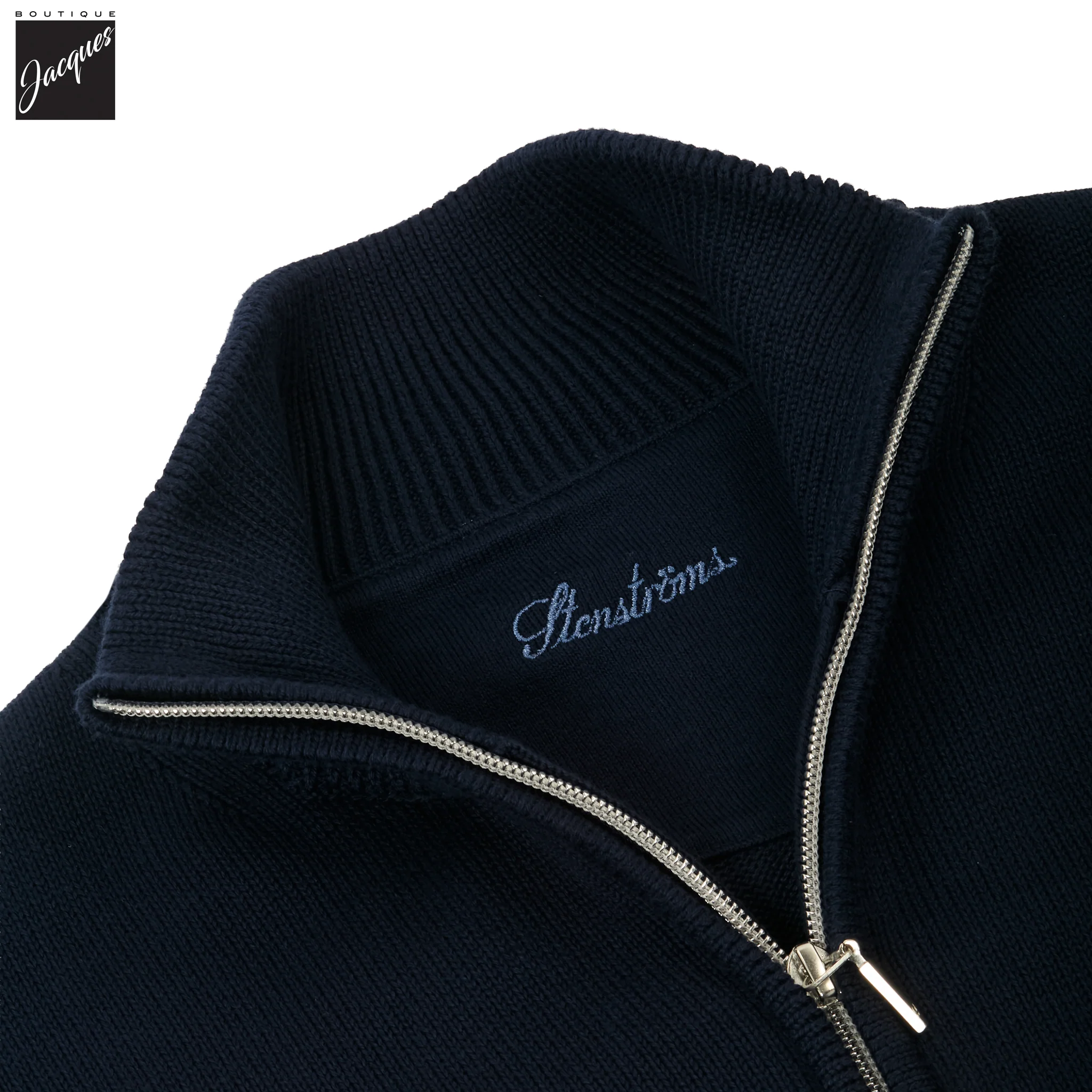 Navy Blue Cotton Full Zip Sweater with Baseball Collar - Stenströms - Image 4