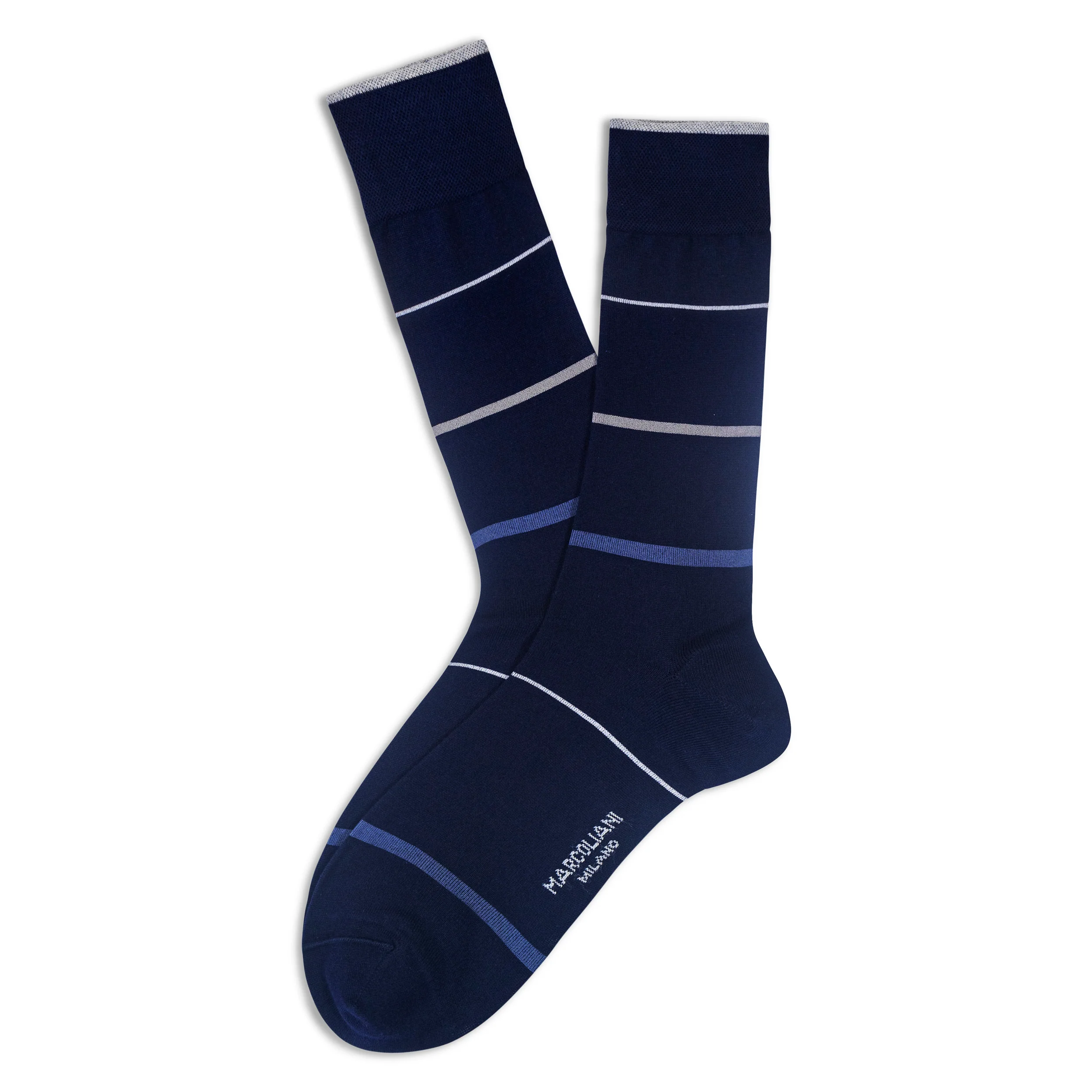 Navy Blue Cuvee Stripes Pima Cotton Mid-Calf Sock - Marcoliani