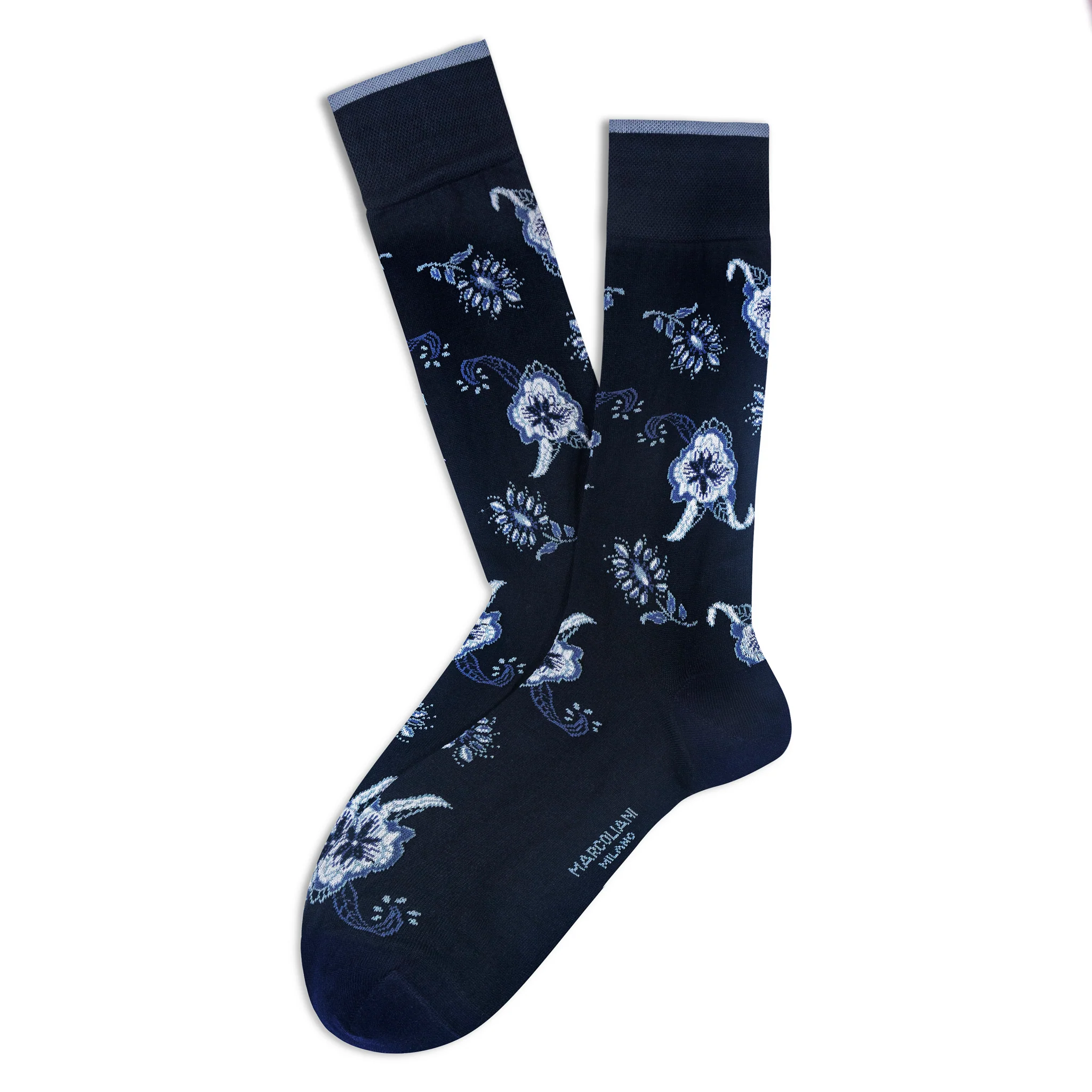 Navy Blue Fresh of Modal Bimala Flower Mid-Calf Socks - Marcoliani