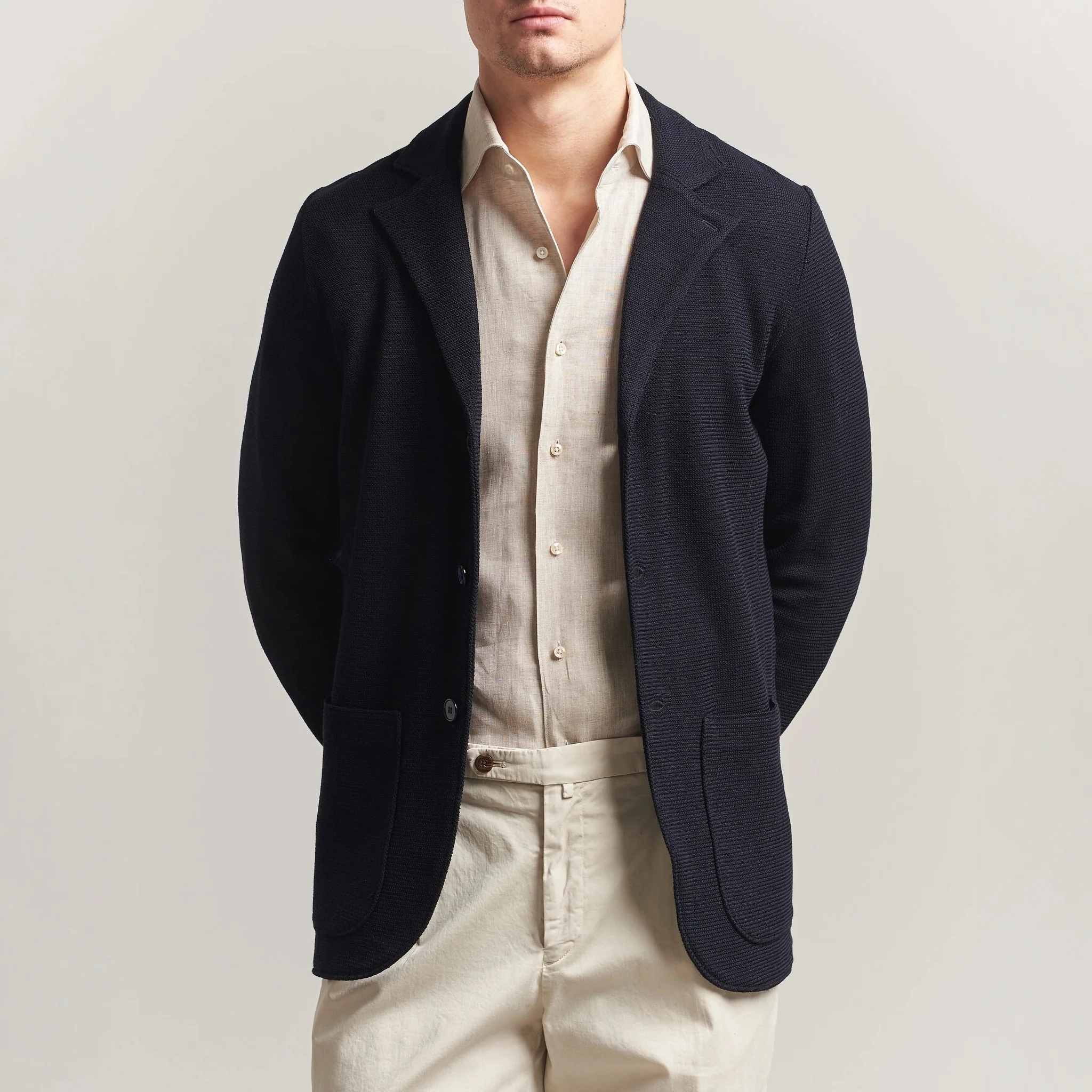 Navy Blue Merino Wool Knitted Textured Blazer Cardigan - Stenströms