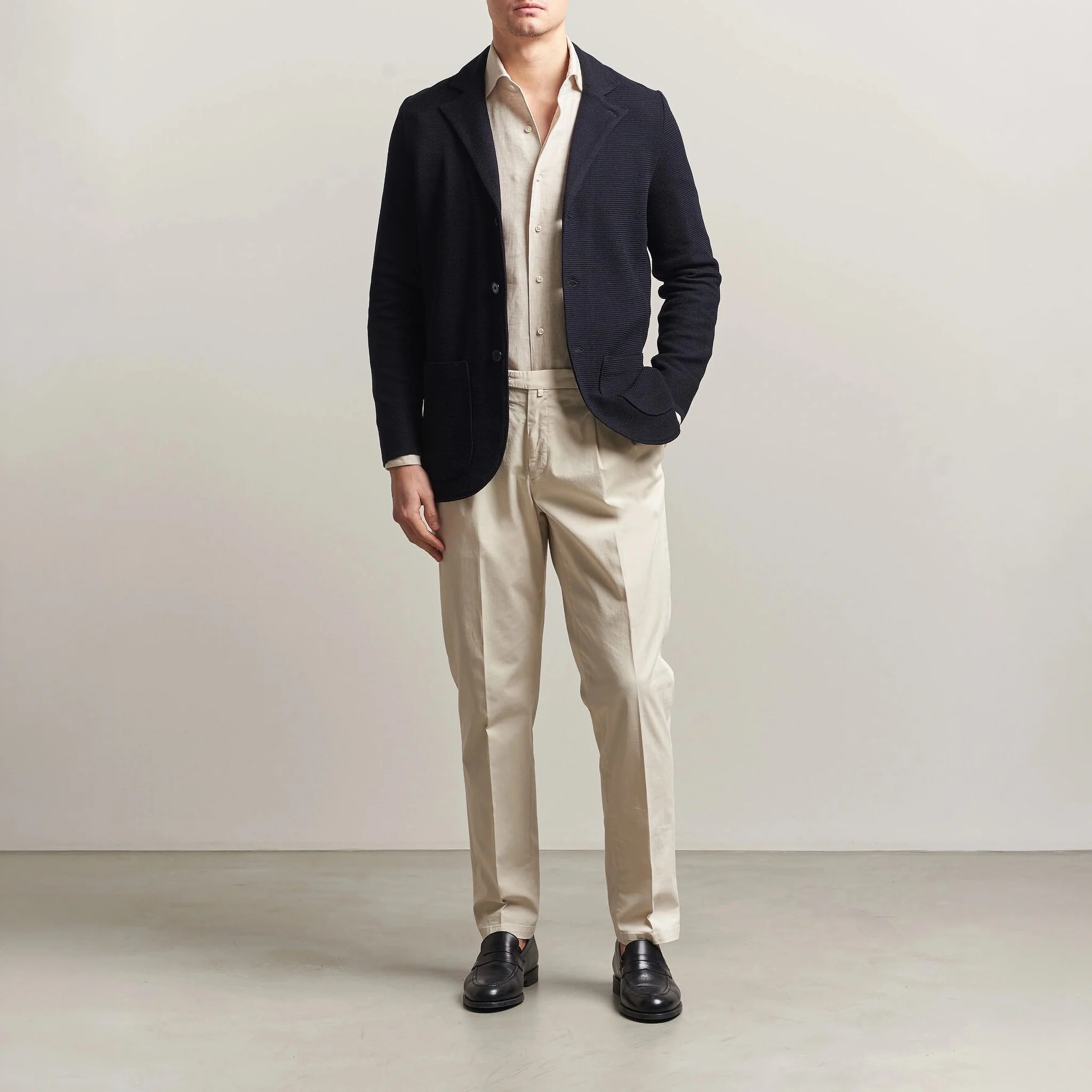 Navy Blue Merino Wool Knitted Textured Blazer Cardigan - Stenströms - Image 2