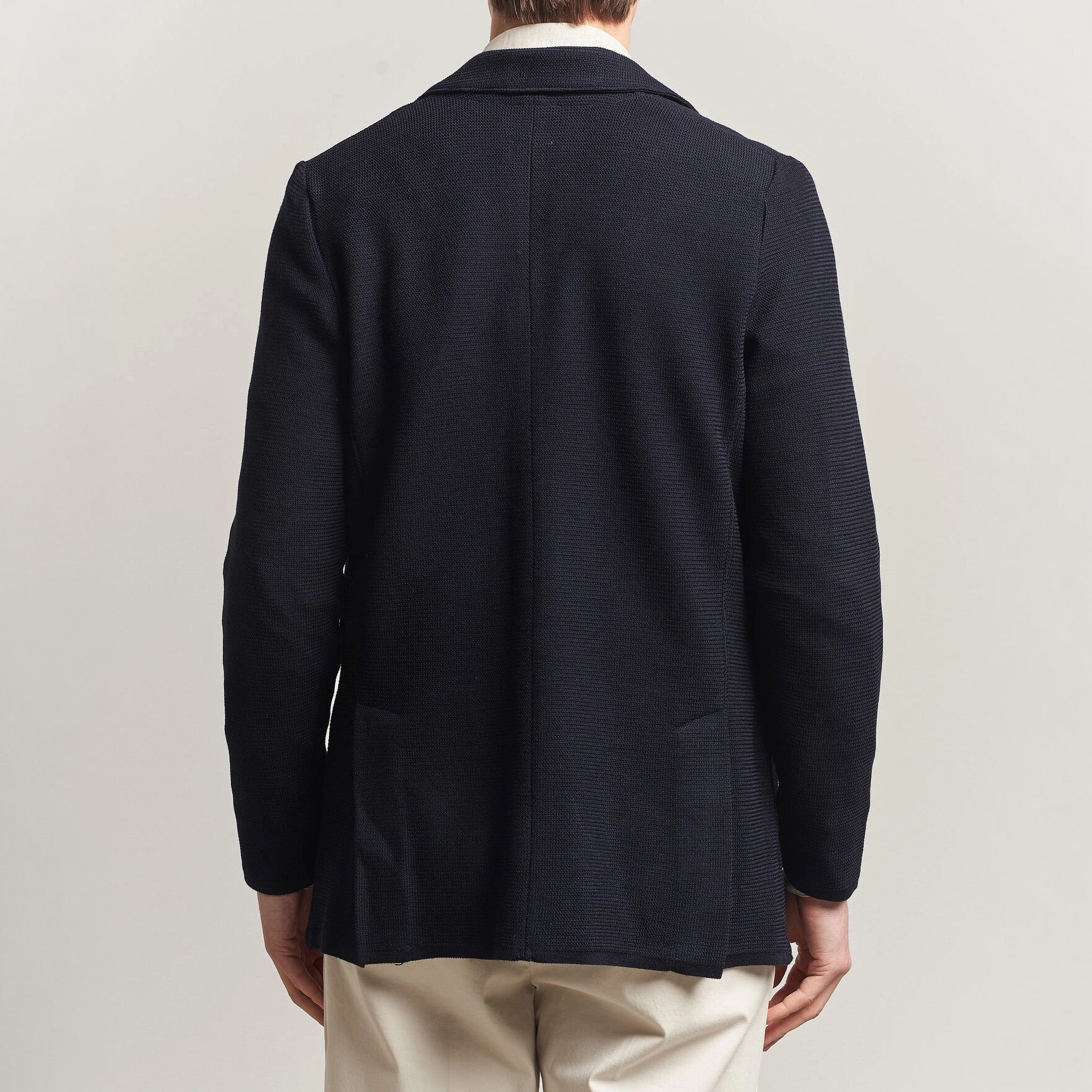Navy Blue Merino Wool Knitted Textured Blazer Cardigan - Stenströms - Image 3