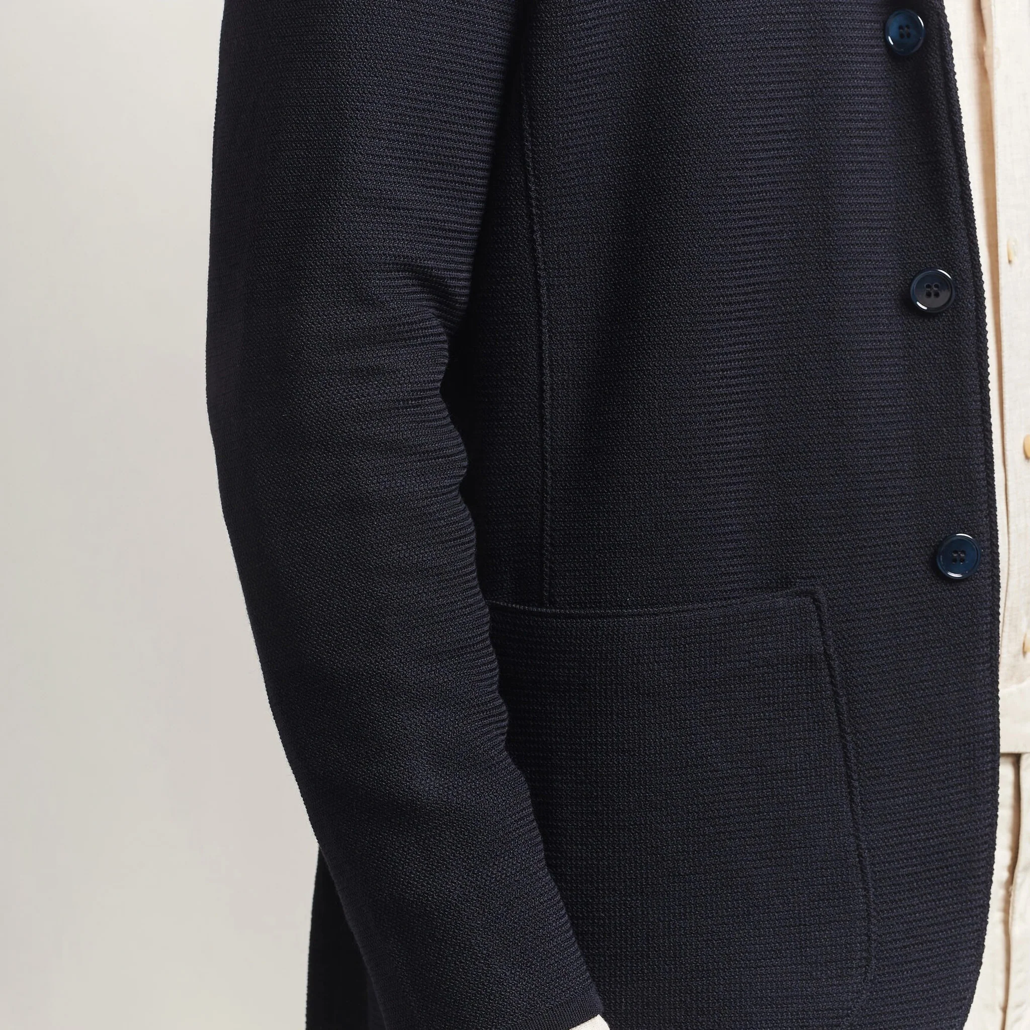 Navy Blue Merino Wool Knitted Textured Blazer Cardigan - Stenströms - Image 4