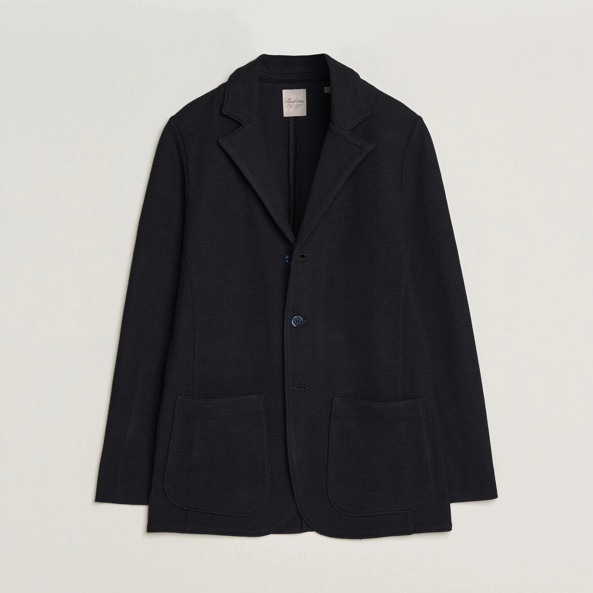Navy Blue Merino Wool Knitted Textured Blazer Cardigan - Stenströms - Image 5