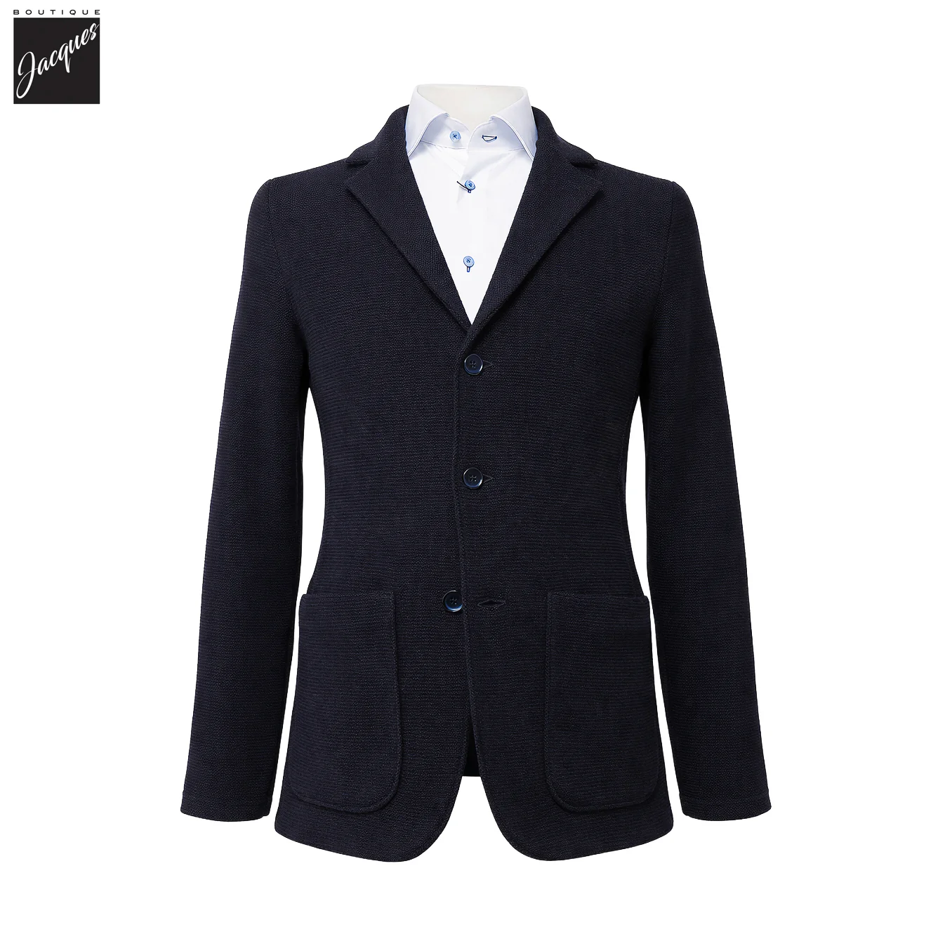 Navy Blue Merino Wool Knitted Textured Blazer Cardigan - Stenströms - Image 6