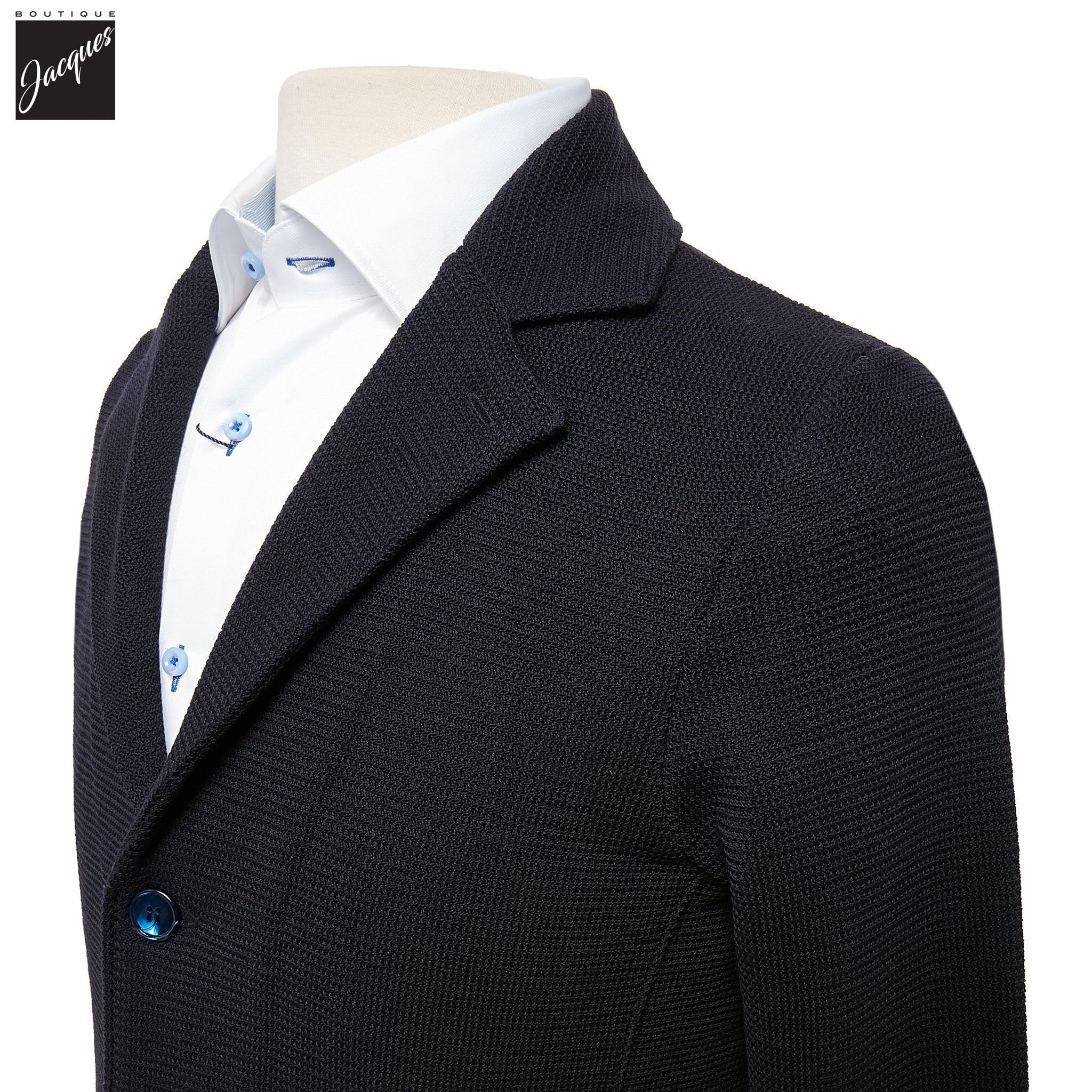 Navy Blue Merino Wool Knitted Textured Blazer Cardigan - Stenströms - Image 7