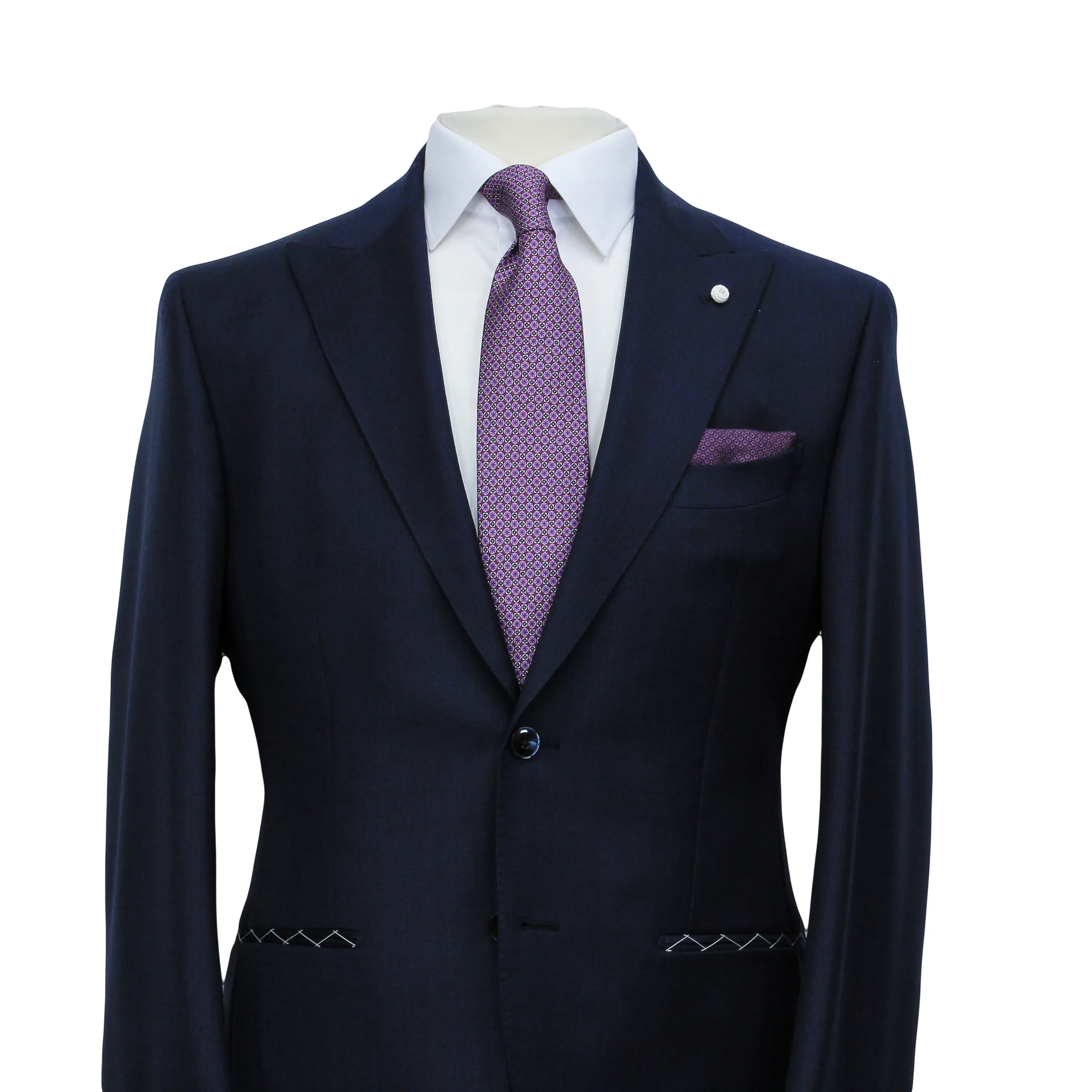 Navy Blue Nailhead Wool Mantua Slim Fit Suit Peak Lapel - Luigi Bianchi - Image 4