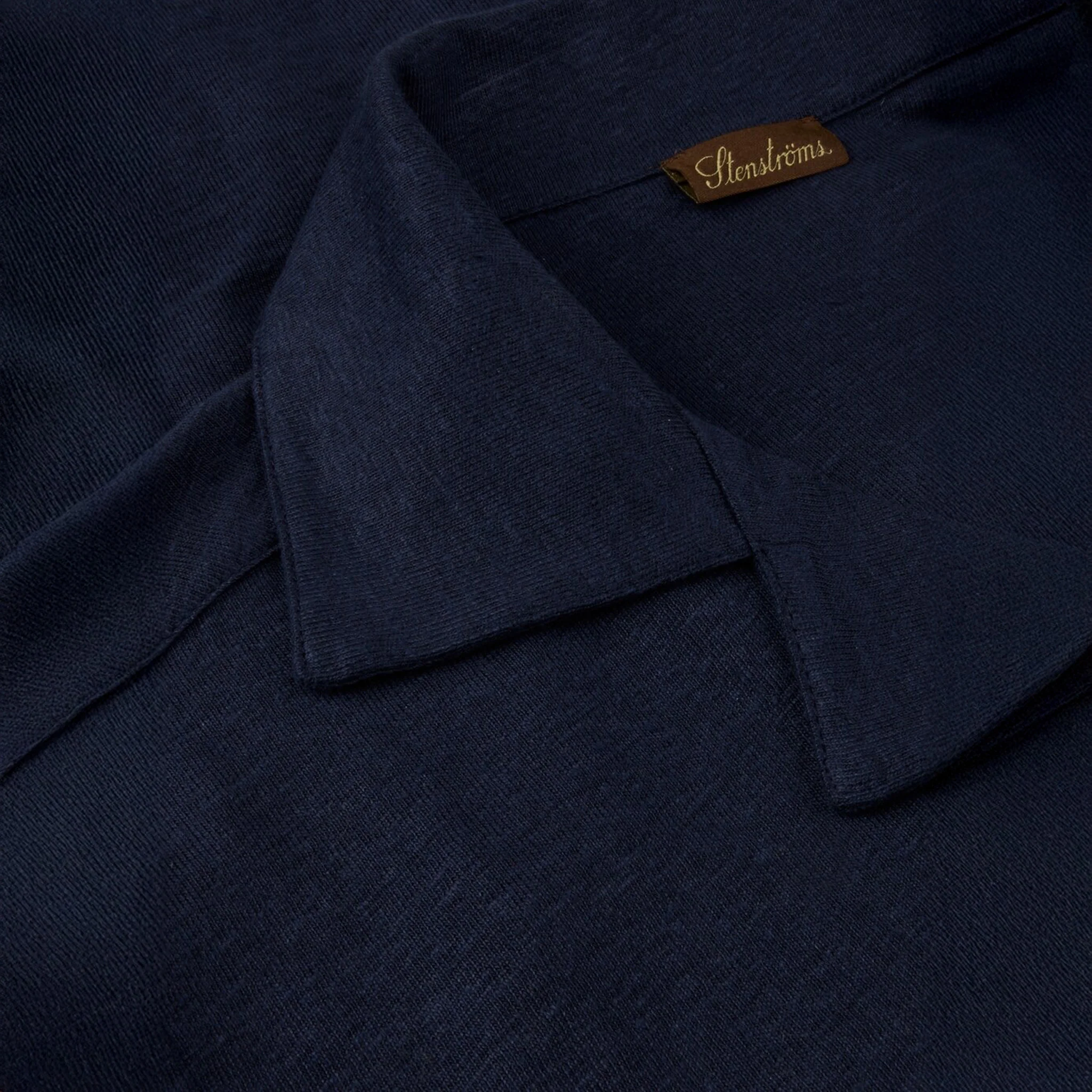Navy Blue Short Sleeve Linen-Stretch Knitted Resort Shirt - Stenströms - Image 2