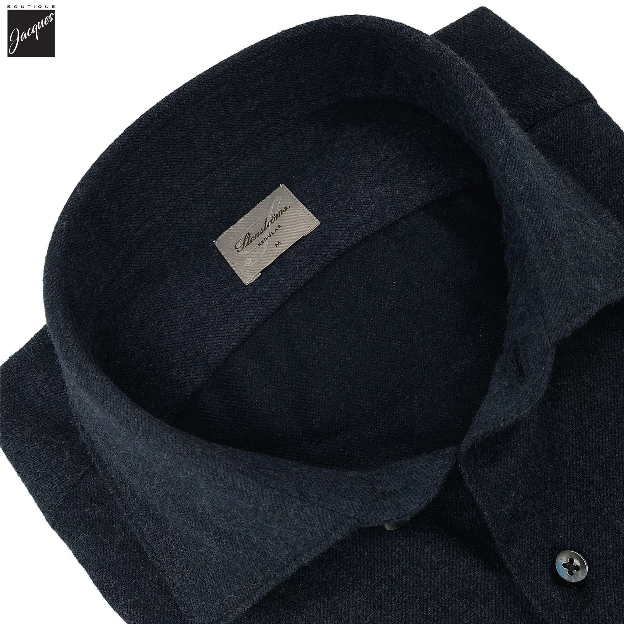 Navy Blue Solid Cotton Flannel Regular Fit Shirt - Stenströms - Image 2