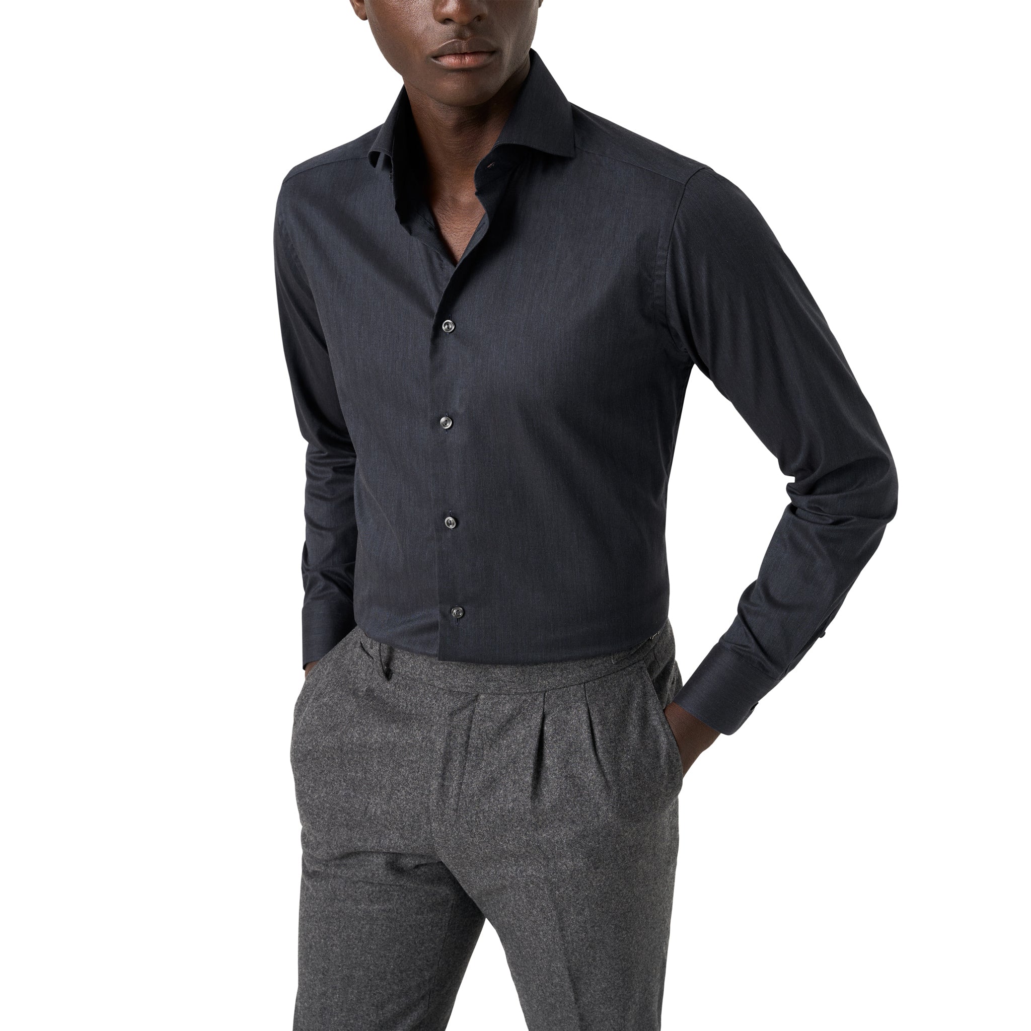 Navy Blue Solid Signature Flannel Slim Fit Shirt - ETON - Image 2