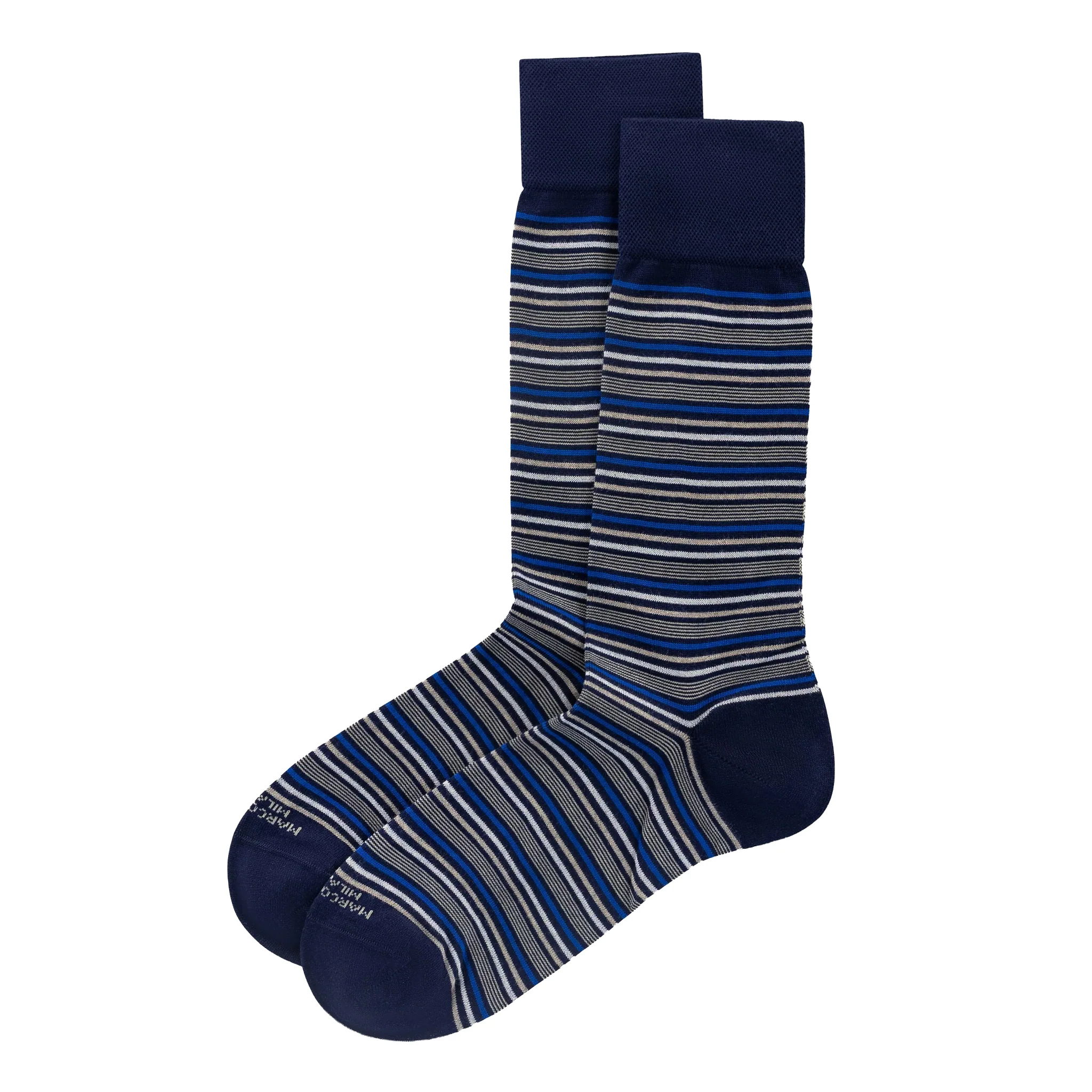 Navy Blue Torino Stripe Pima Cotton Mid-Calf Sock - Marcoliani