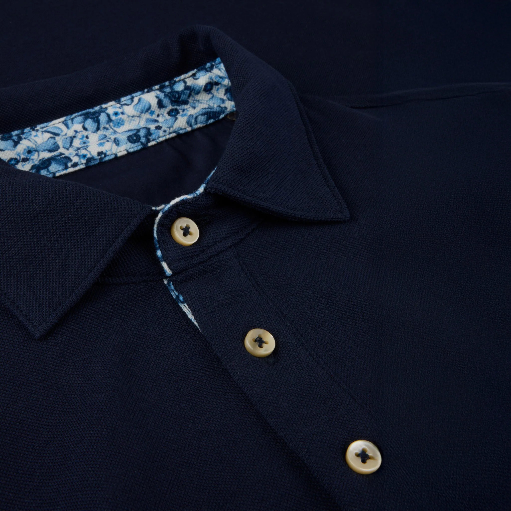 Navy Blue with Contrast Floral Trim Polo Shirt - Stenströms - Image 3