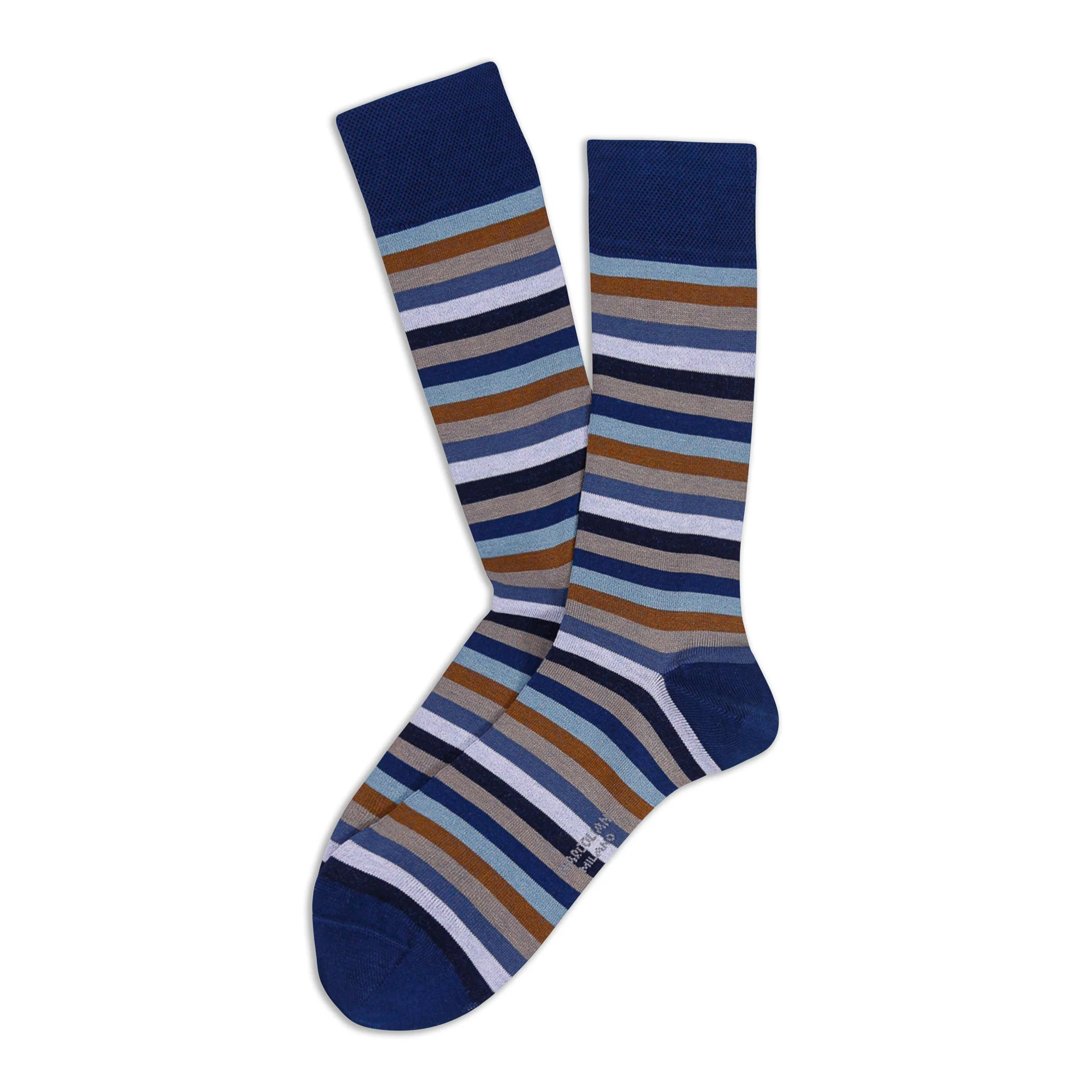 Navy & Brown Rainbow Stripe Pima Cotton Mid-Calf Socks - Marcoliani