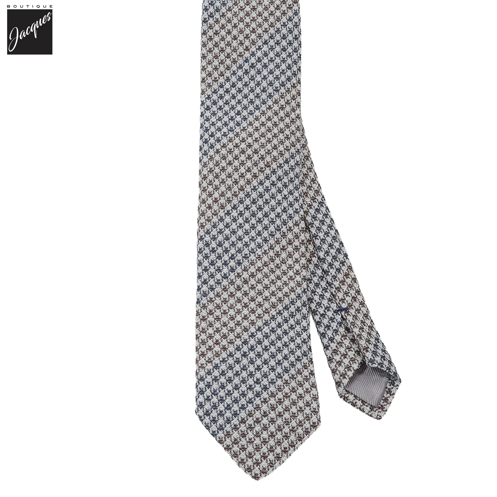 Navy & Brown Two-Toned Houndstooth Silk-Linen Tie - DION