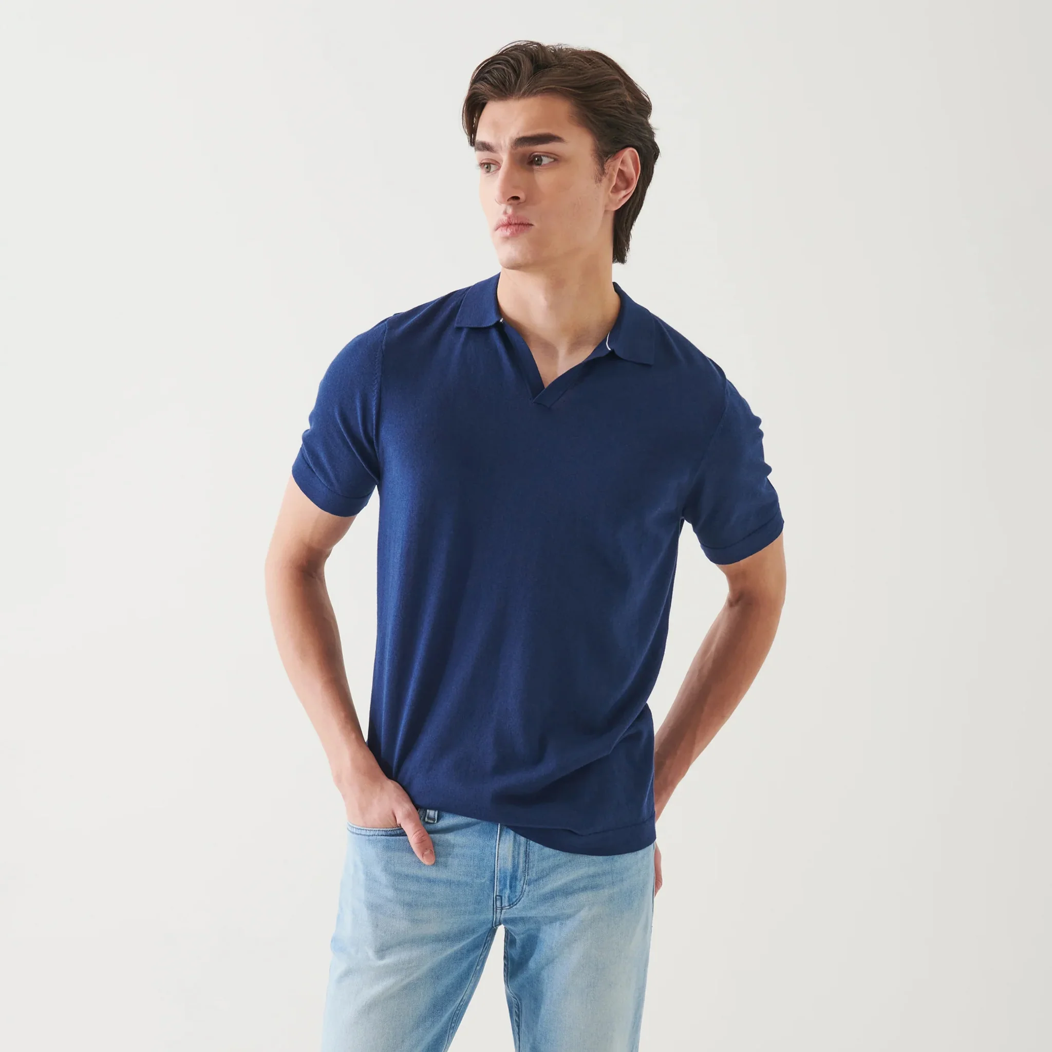Navy Cupro-Merino Knit Short Sleeve Open Collar Polo Shirt - Patrick Assaraf