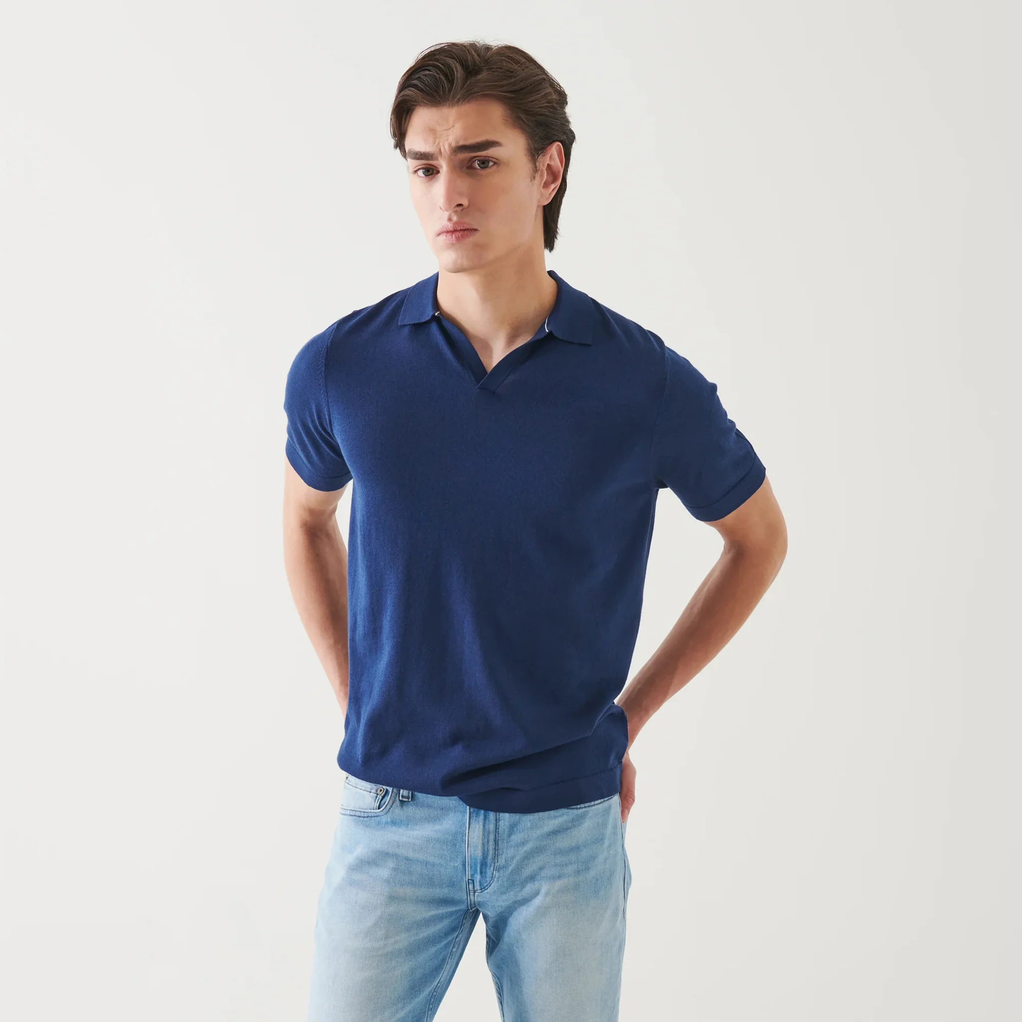 Navy Cupro-Merino Knit Short Sleeve Open Collar Polo Shirt - Patrick Assaraf - Image 2