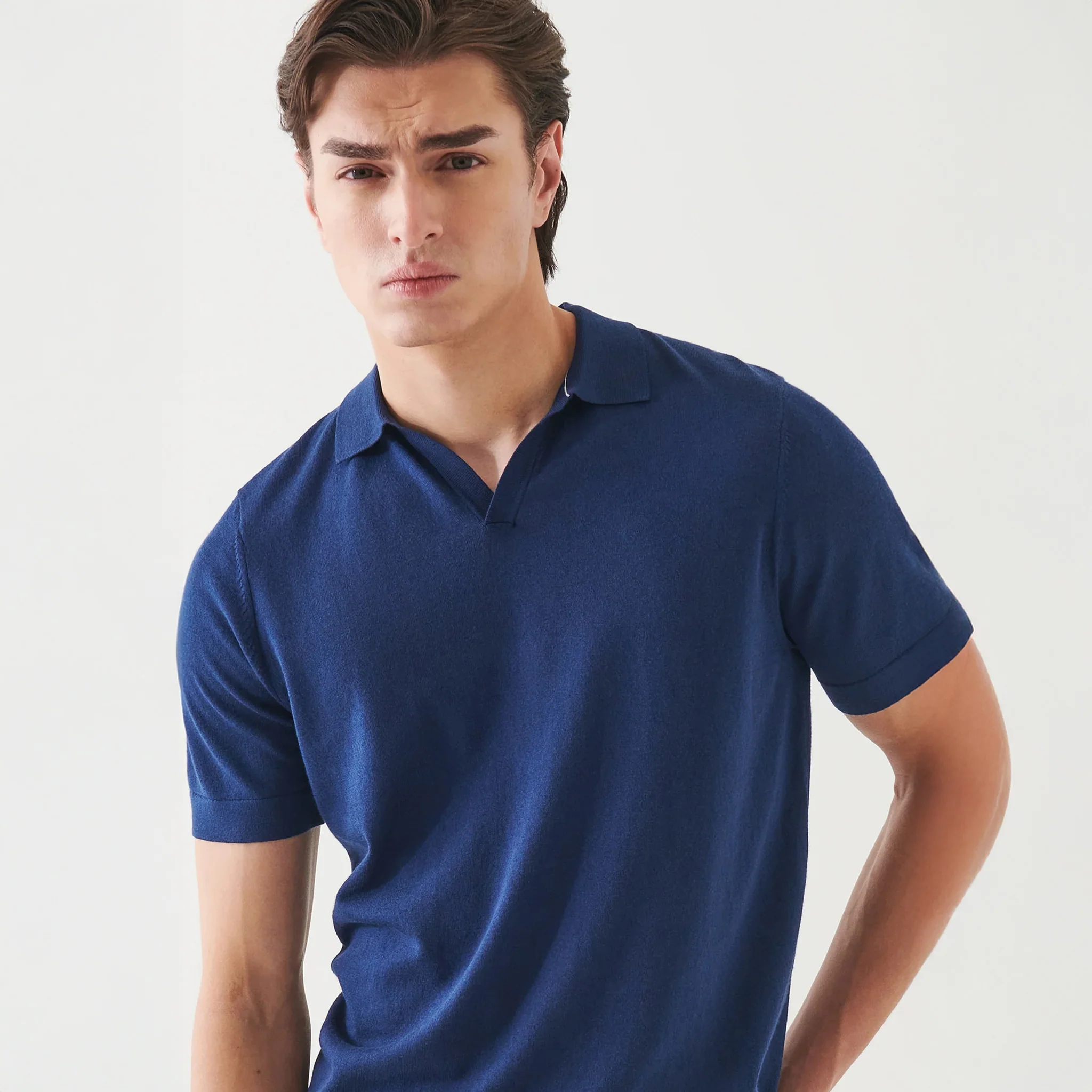 Navy Cupro-Merino Knit Short Sleeve Open Collar Polo Shirt - Patrick Assaraf - Image 3