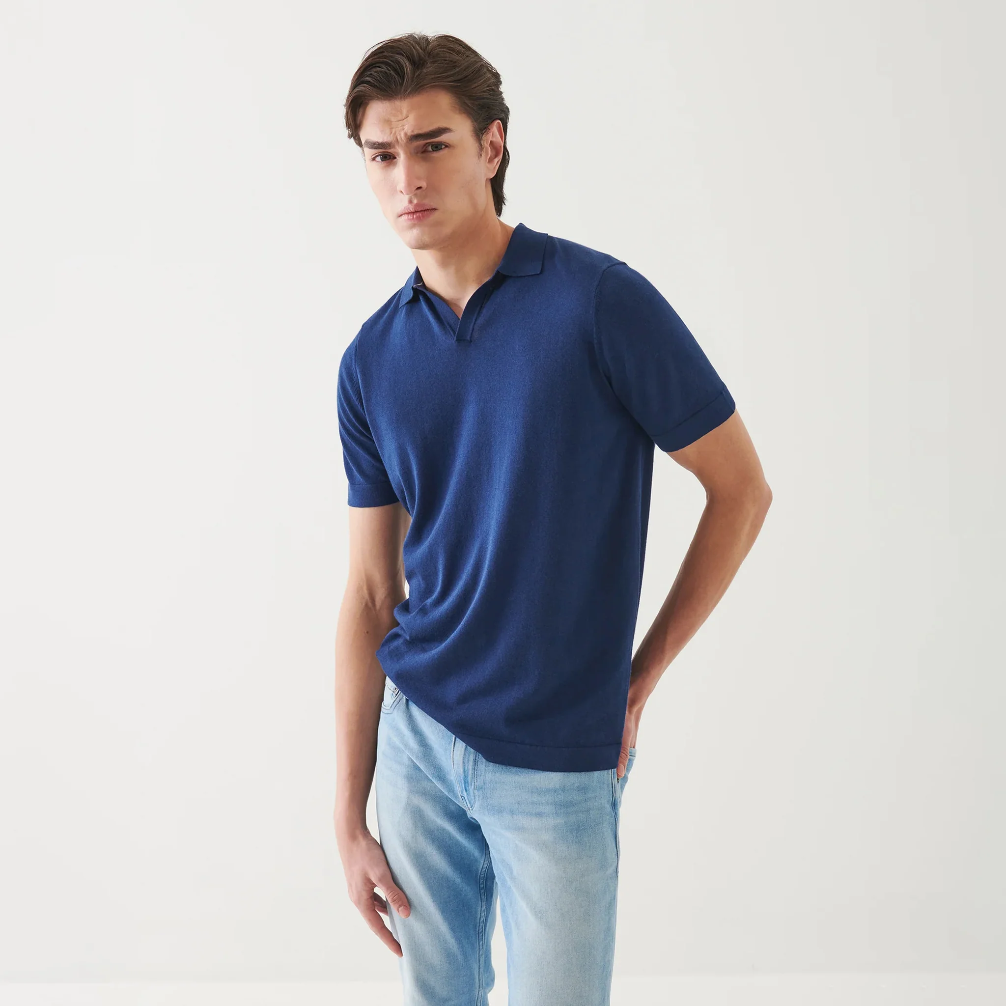 Navy Cupro-Merino Knit Short Sleeve Open Collar Polo Shirt - Patrick Assaraf - Image 4
