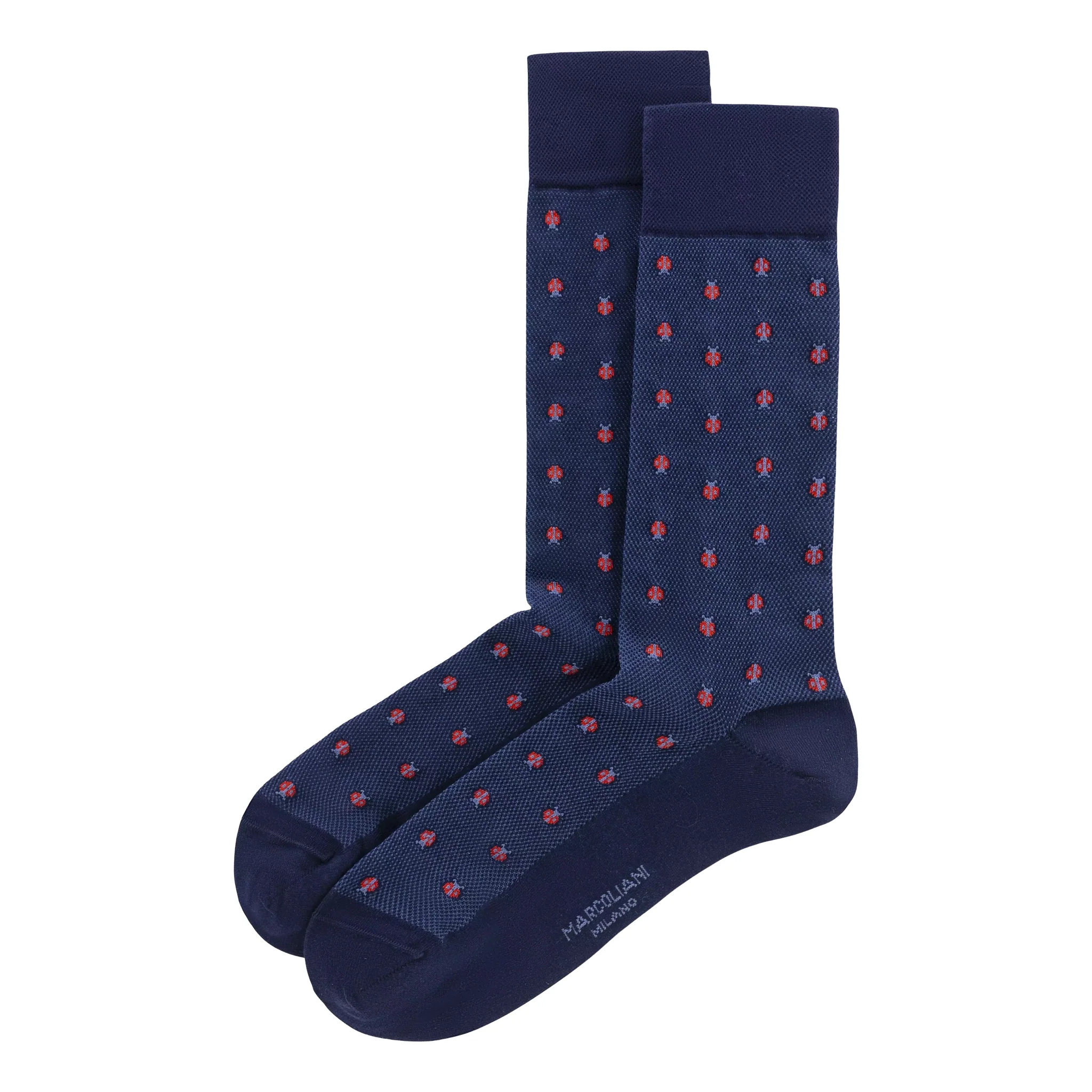 Navy Ladybug Motif Pima Cotton Mid-Calf Socks - Marcoliani