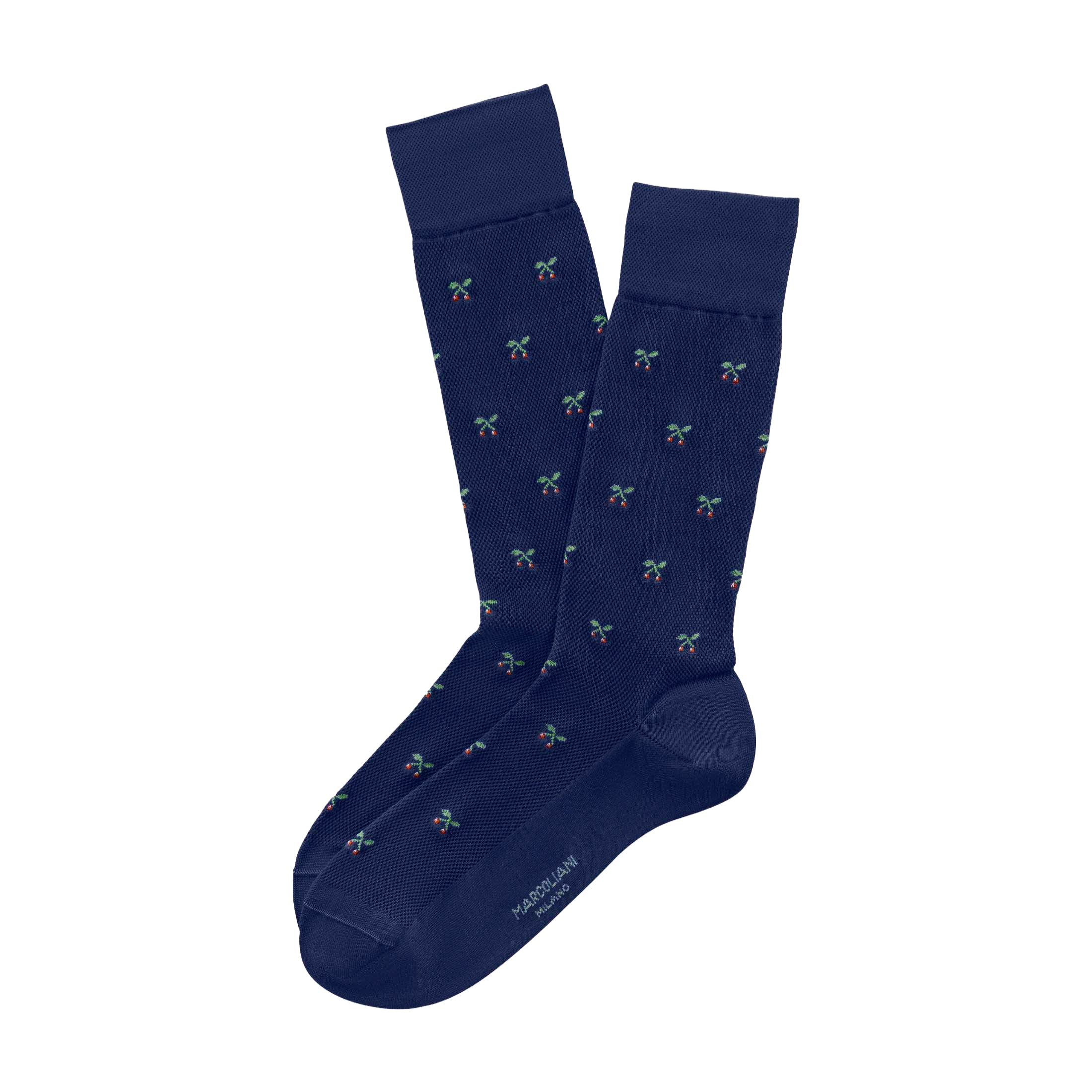 Navy Tiny Cherries Pima Cotton Mid-Calf Socks - Marcoliani