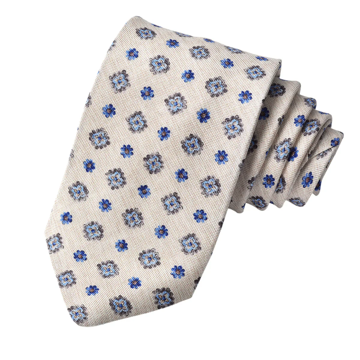 Oatmeal & Blue Floral Printed Silk Tie - DION - Image 2