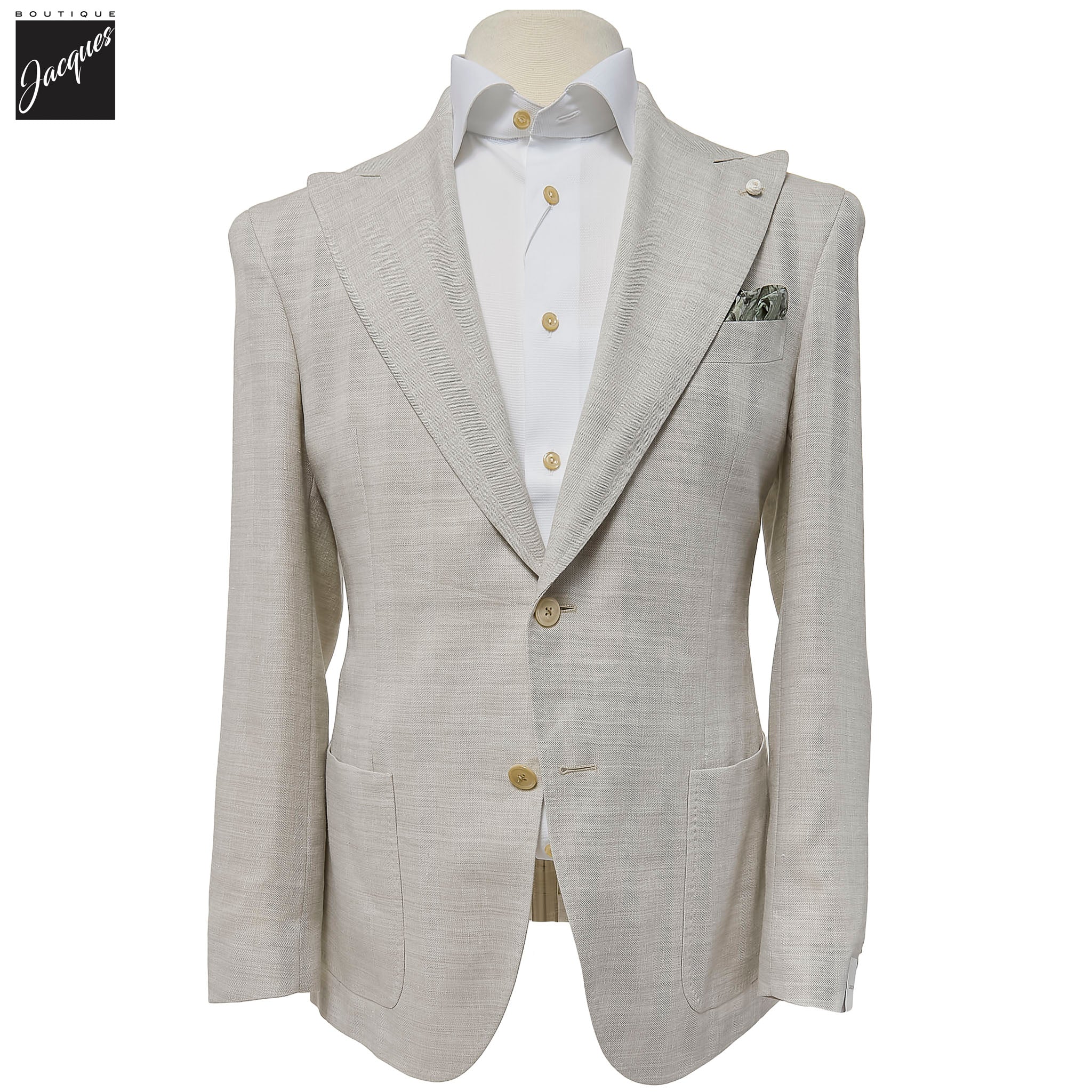 Oatmeal Linen-Wool Dream Fit Sport Jacket w/ Peak Lapels - Luigi Bianchi