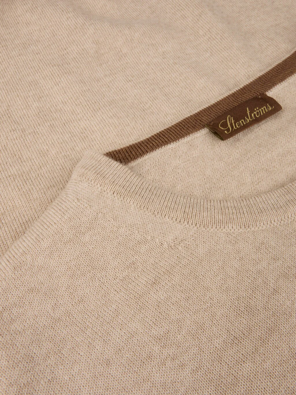Oatmeal Merino Wool Crew Neck Sweater w/ Elbow Patches - Stenströms - Image 3