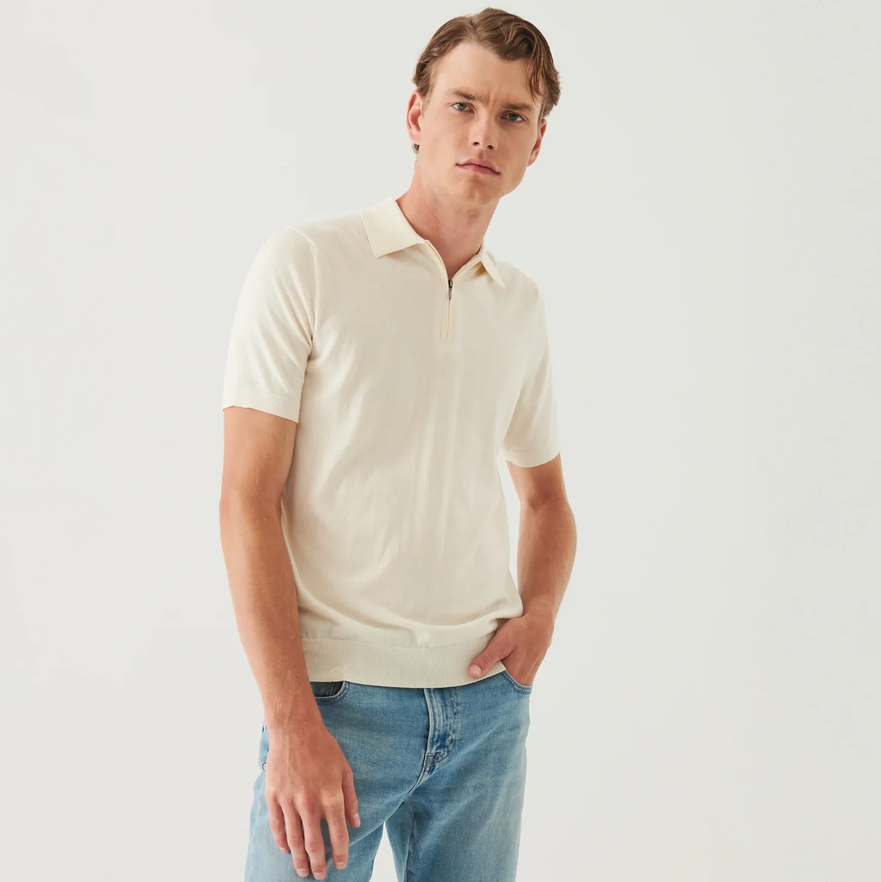Off-White Cotton Cashmere Zip Polo - Patrick Assaraf