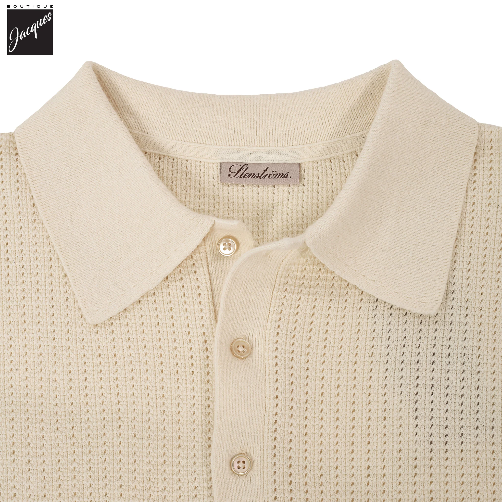Off-White Cotton-Hemp Knitted Crochet Polo Shirt - Stenströms - Image 2