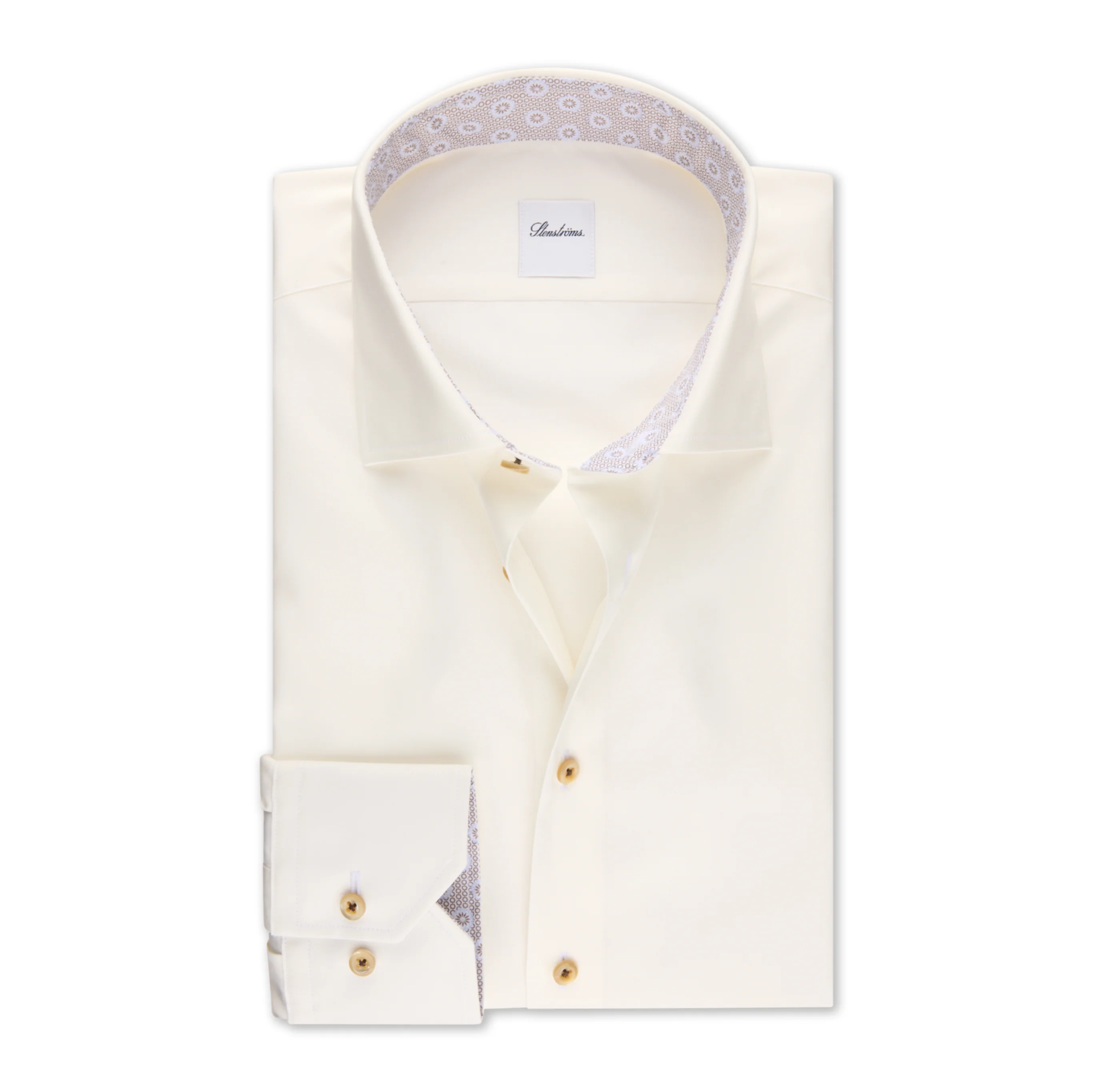 Off-White Twill Slimline Dress Shirt with Brown Contrast Details - Stenströms