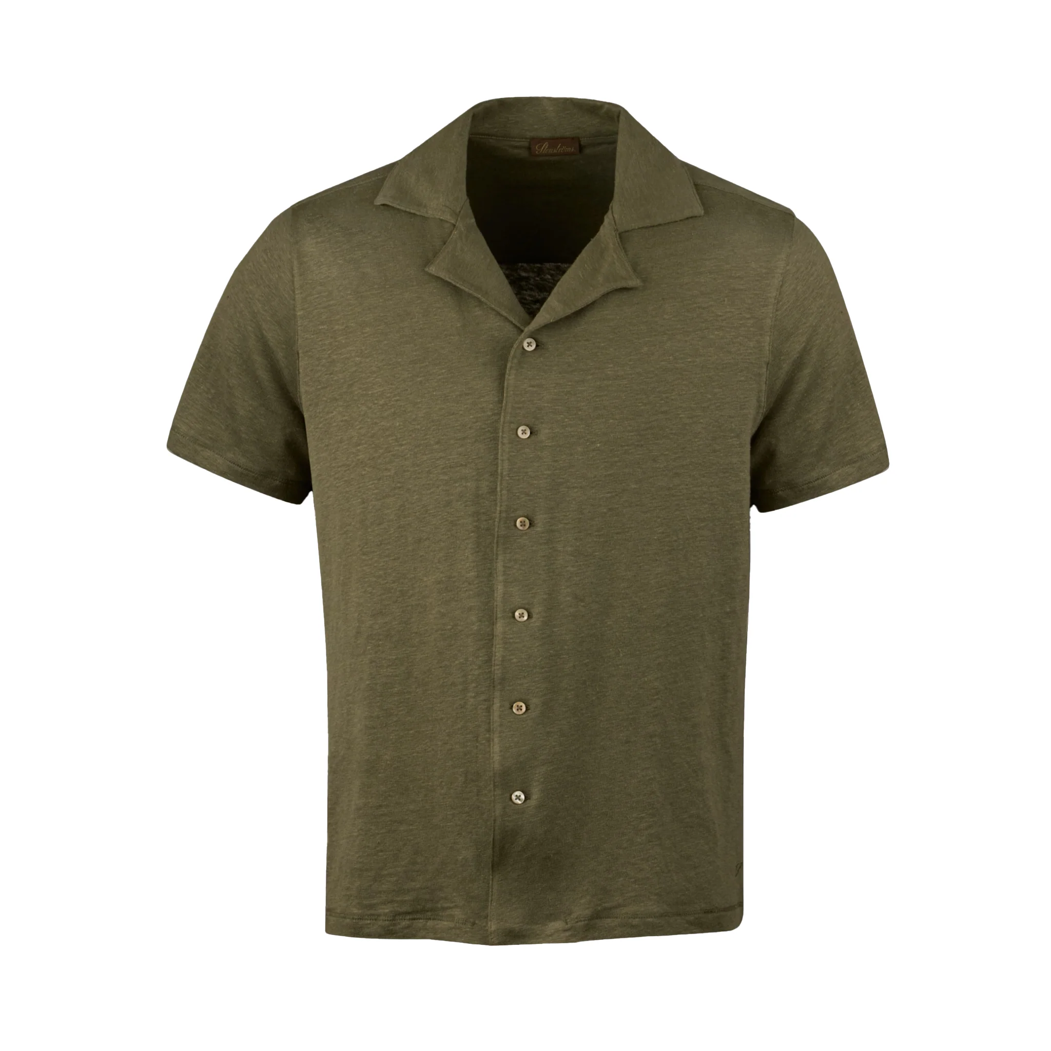 Olive Green Short Sleeve Linen-Stretch Knitted Resort Shirt - Stenströms