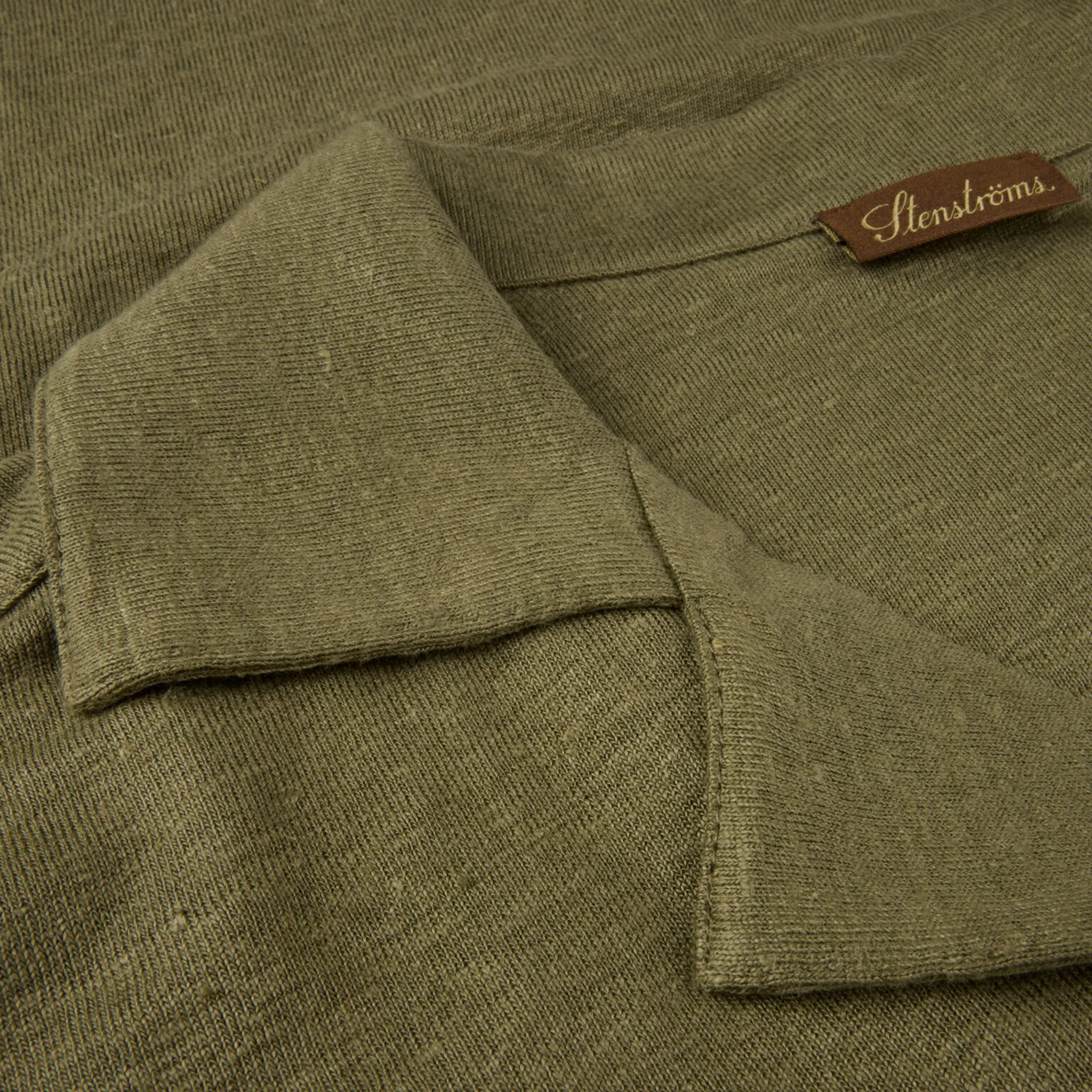 Olive Green Short Sleeve Linen-Stretch Knitted Resort Shirt - Stenströms - Image 3