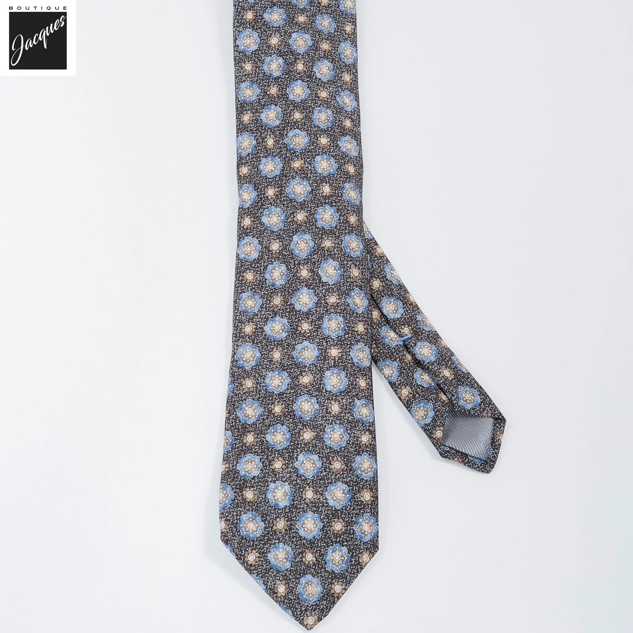 Onyx Gray Mélange Medallion Printed Panama Silk Tie - DION